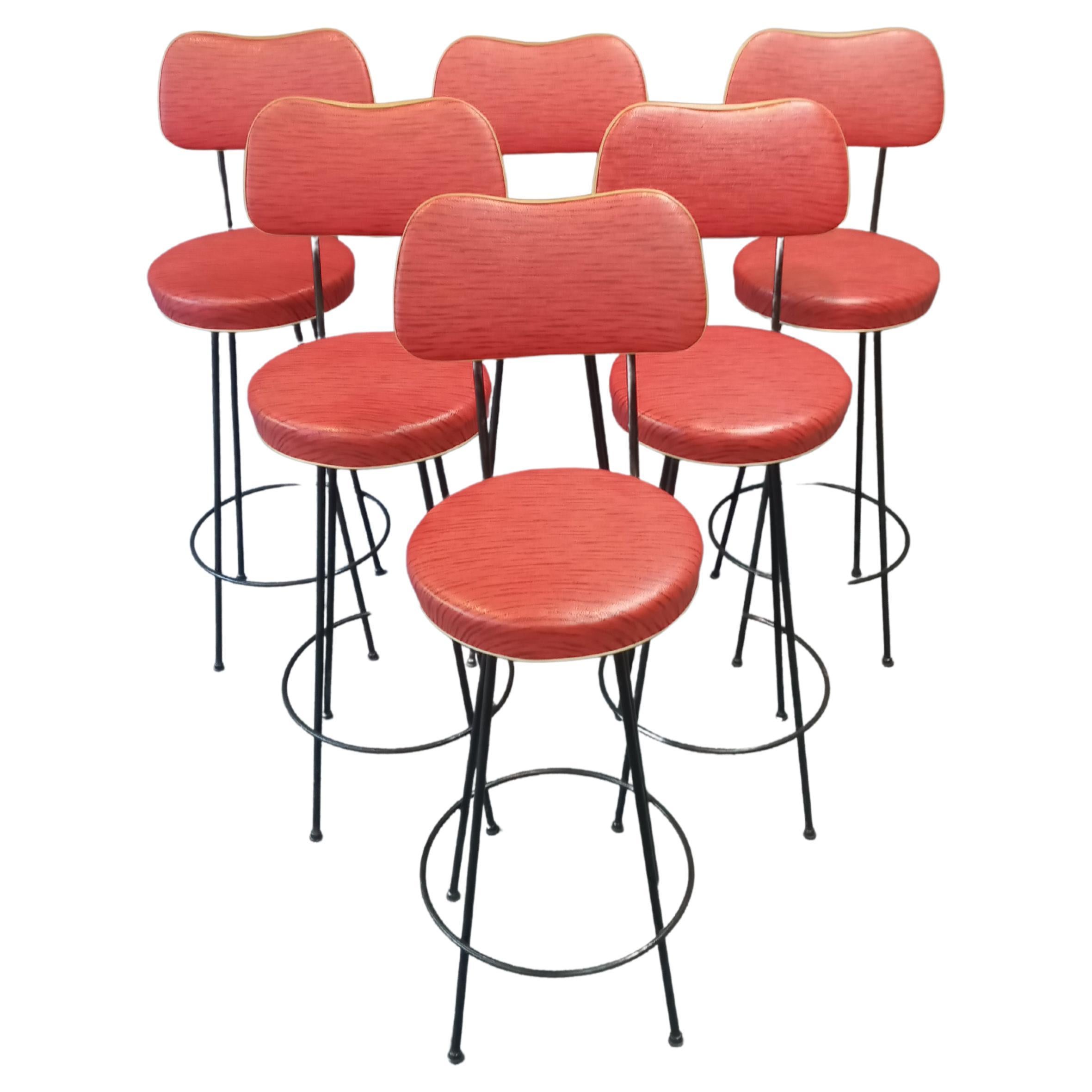 Mid-Century Set of 6 Hairpin Iron Swivel Barstools Frederick Weinberg, 1960s For Sale