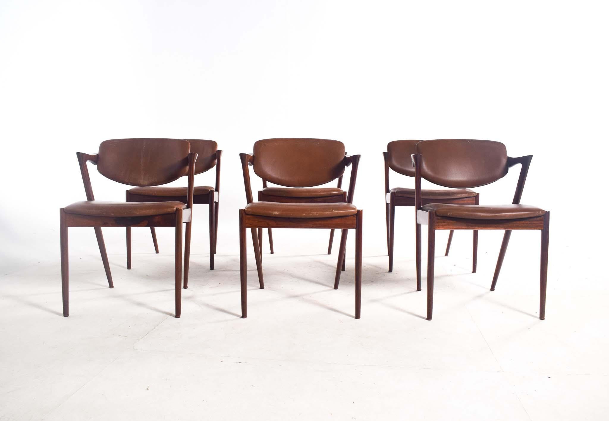 Mid-Century Modern Mid Century Set of 6 Kai Kristiansen Rosewood Model 42 Dining Chairs, 1960's