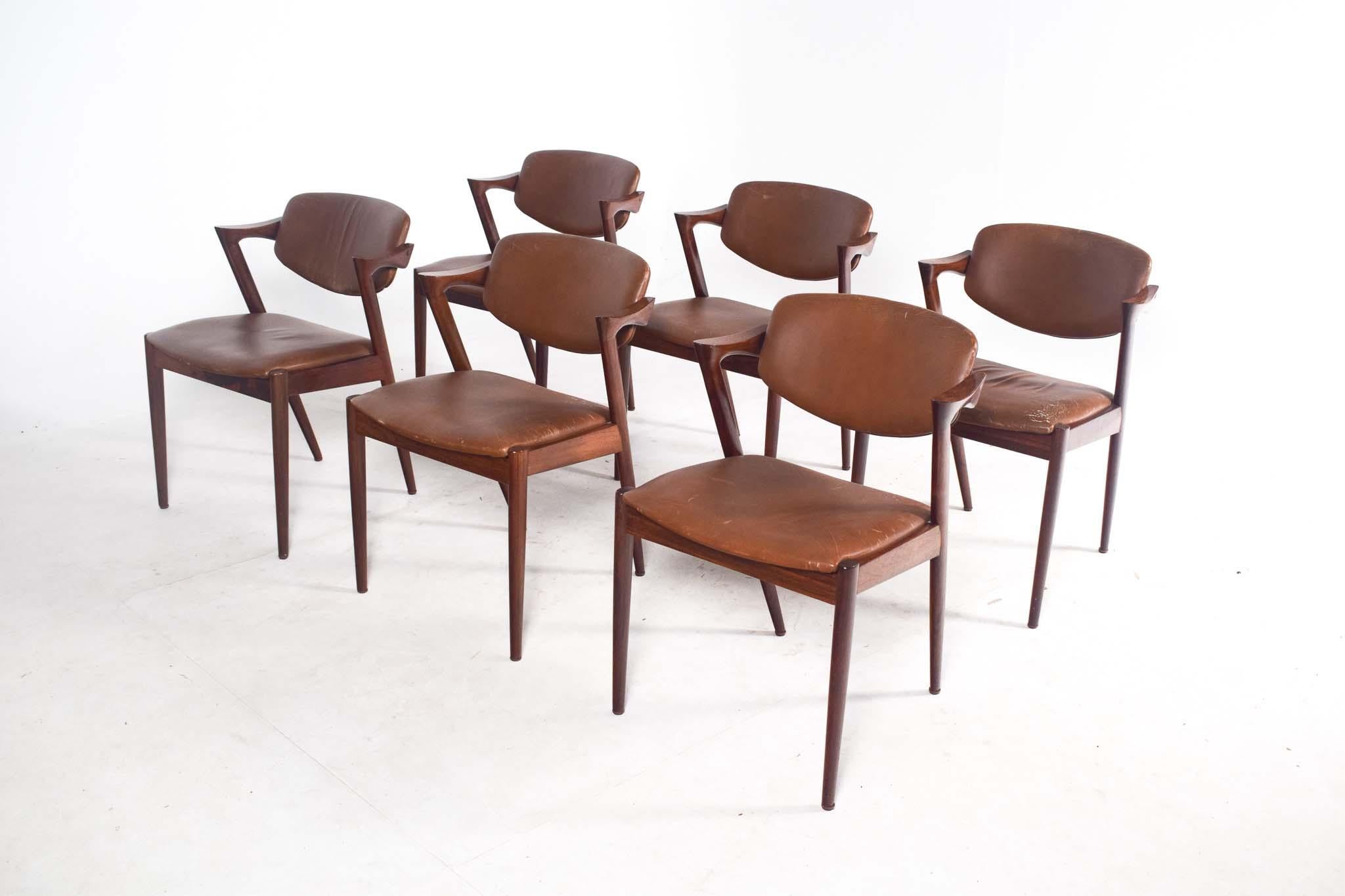 Danish Mid Century Set of 6 Kai Kristiansen Rosewood Model 42 Dining Chairs, 1960's