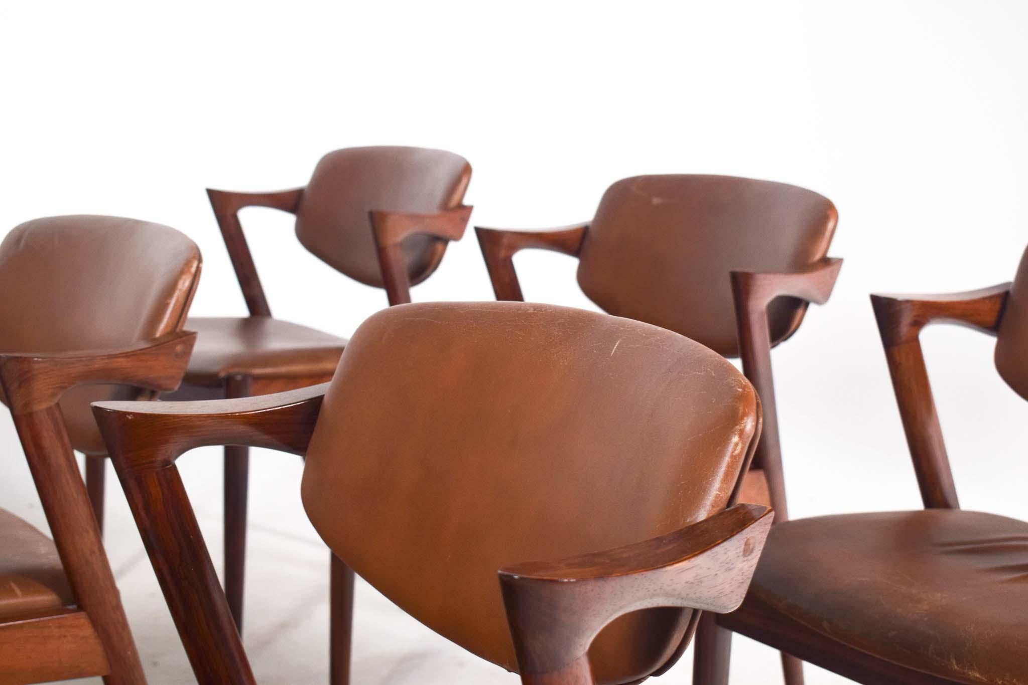 Mid Century Set of 6 Kai Kristiansen Rosewood Model 42 Dining Chairs, 1960's 1