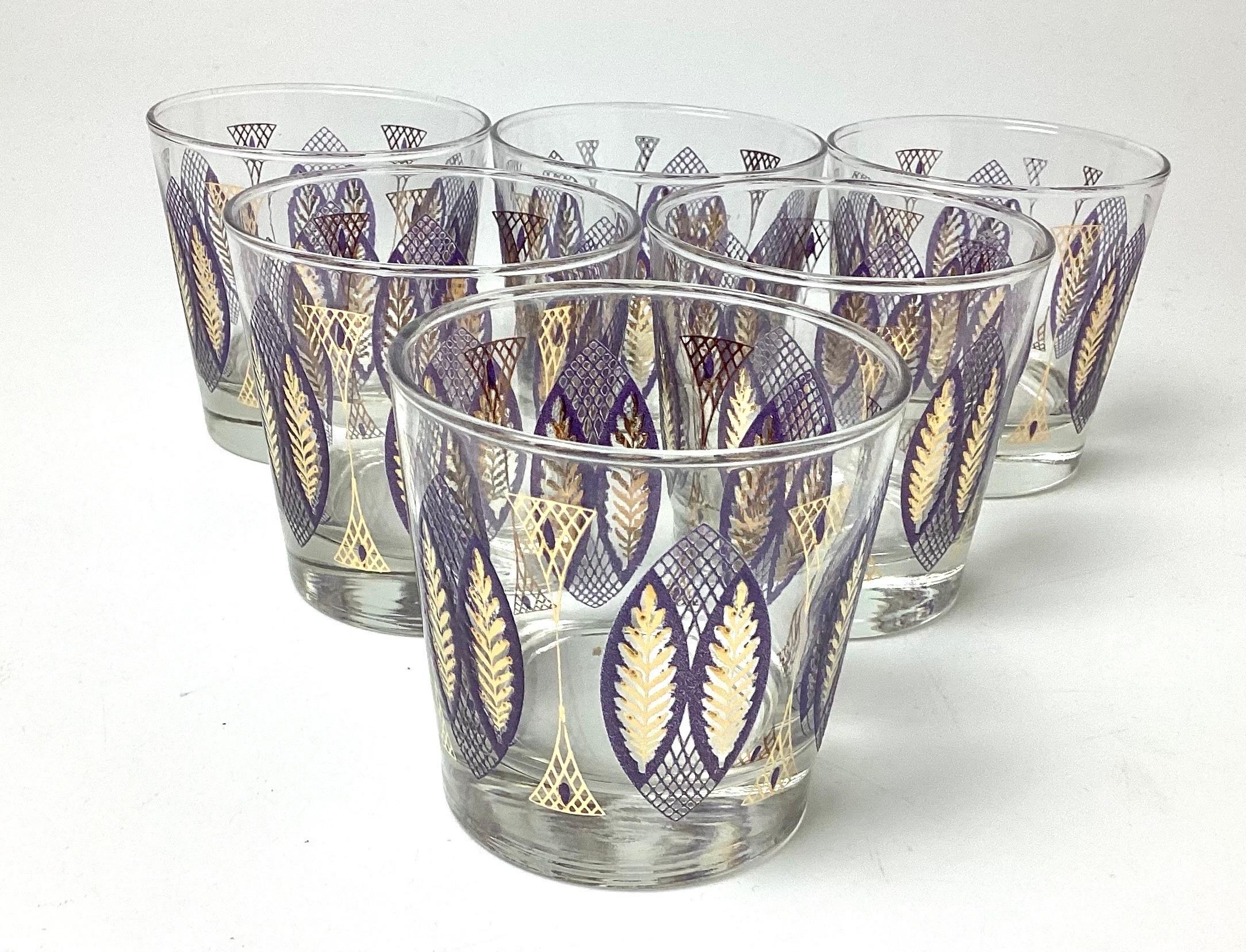 Mid-century set of 6 rock glasses purple and gold by Libbey. Glass Co. Nice size for that late afternoon drink. 3 1/4