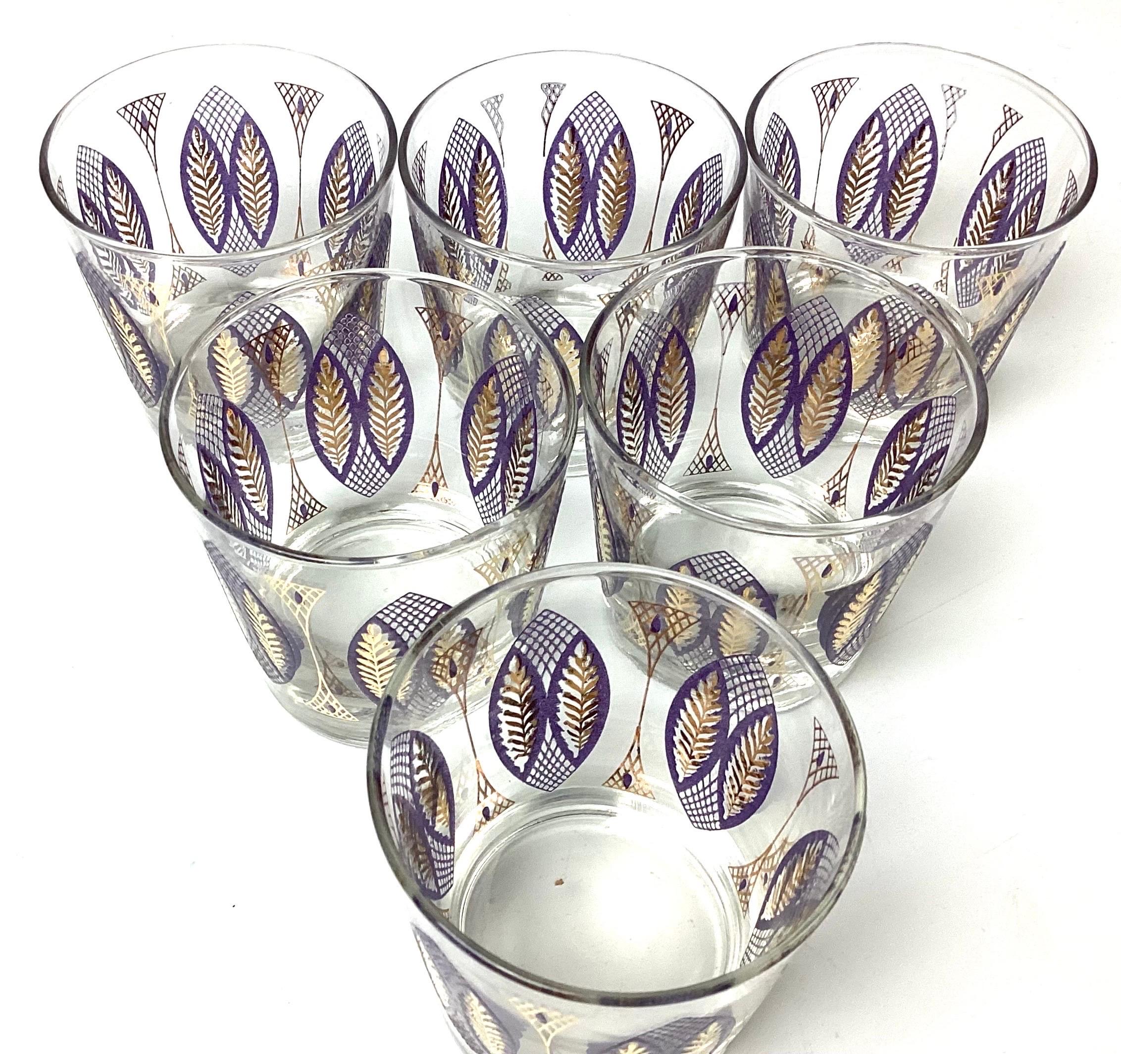 Mid-Century Modern Ensemble de 6 verres à roche violets et or de Libbey Glass Co, milieu du siècle dernier en vente