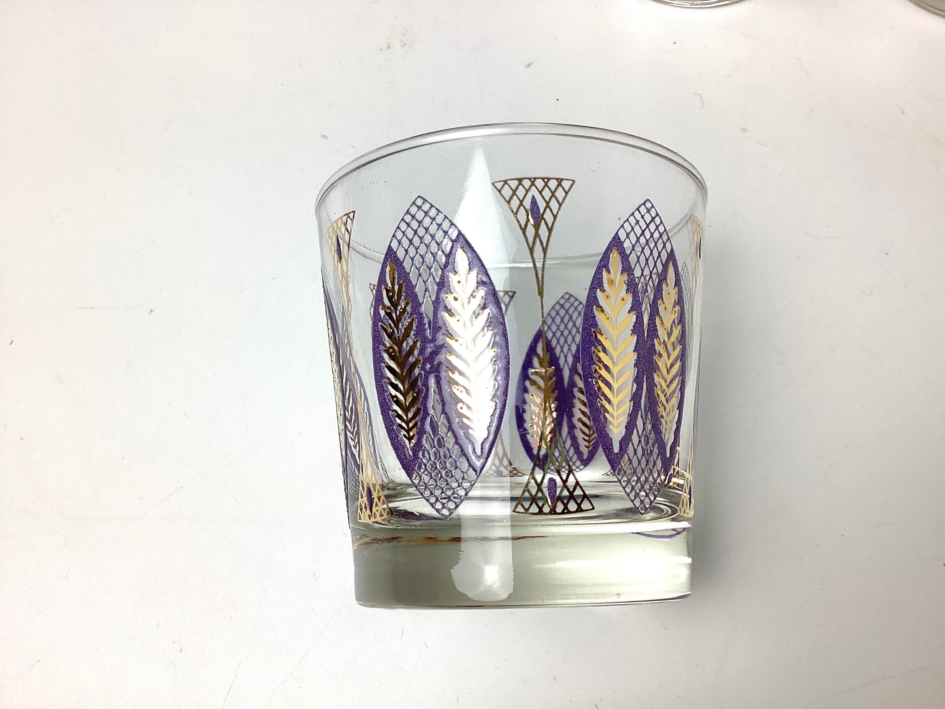 American Mid-Century Set of 6 Rock Glasses Purple and Gold by Libbey Glass Co For Sale