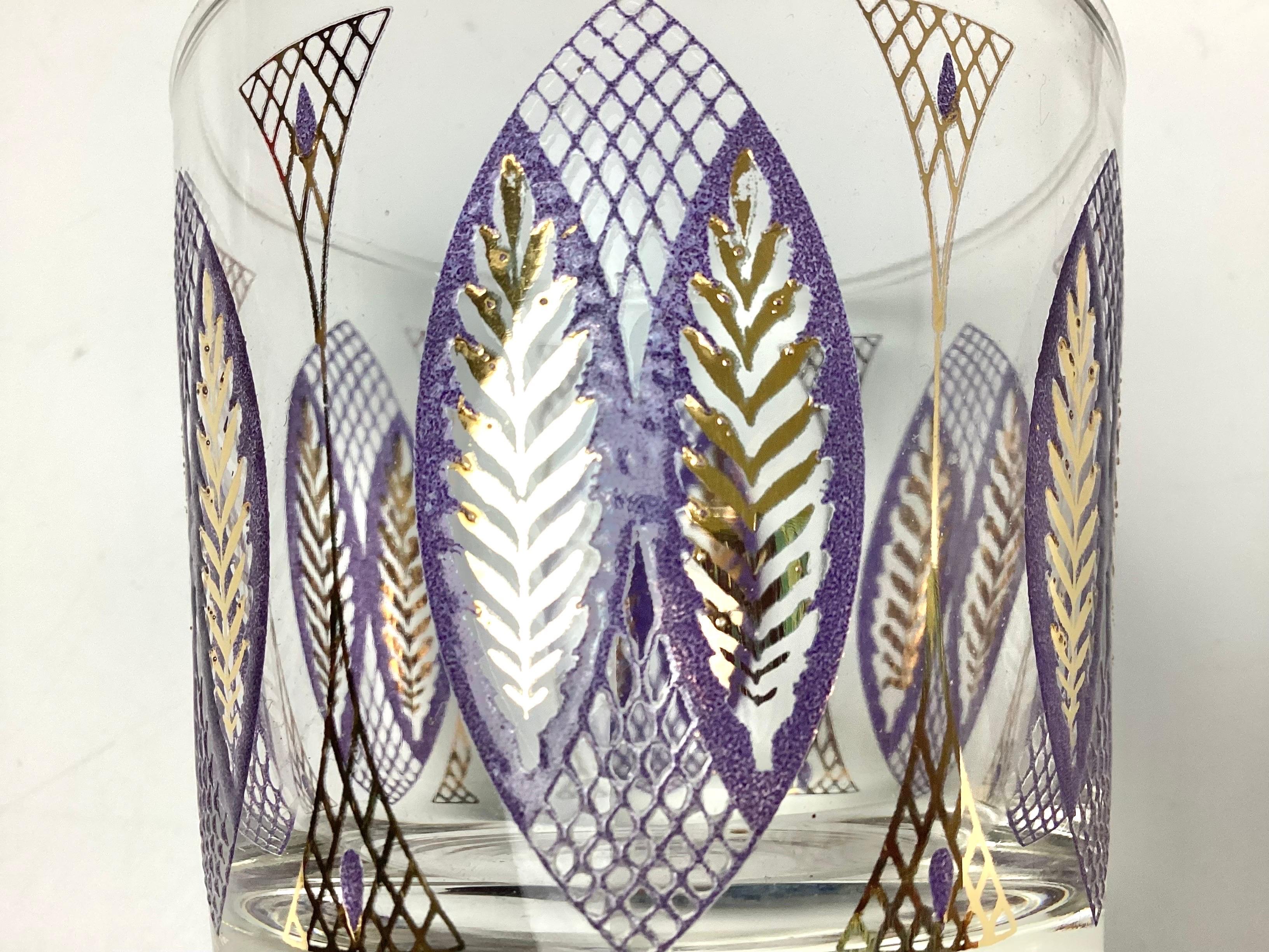 Mid-Century Set of 6 Rock Glasses Purple and Gold by Libbey Glass Co In Excellent Condition For Sale In Lambertville, NJ