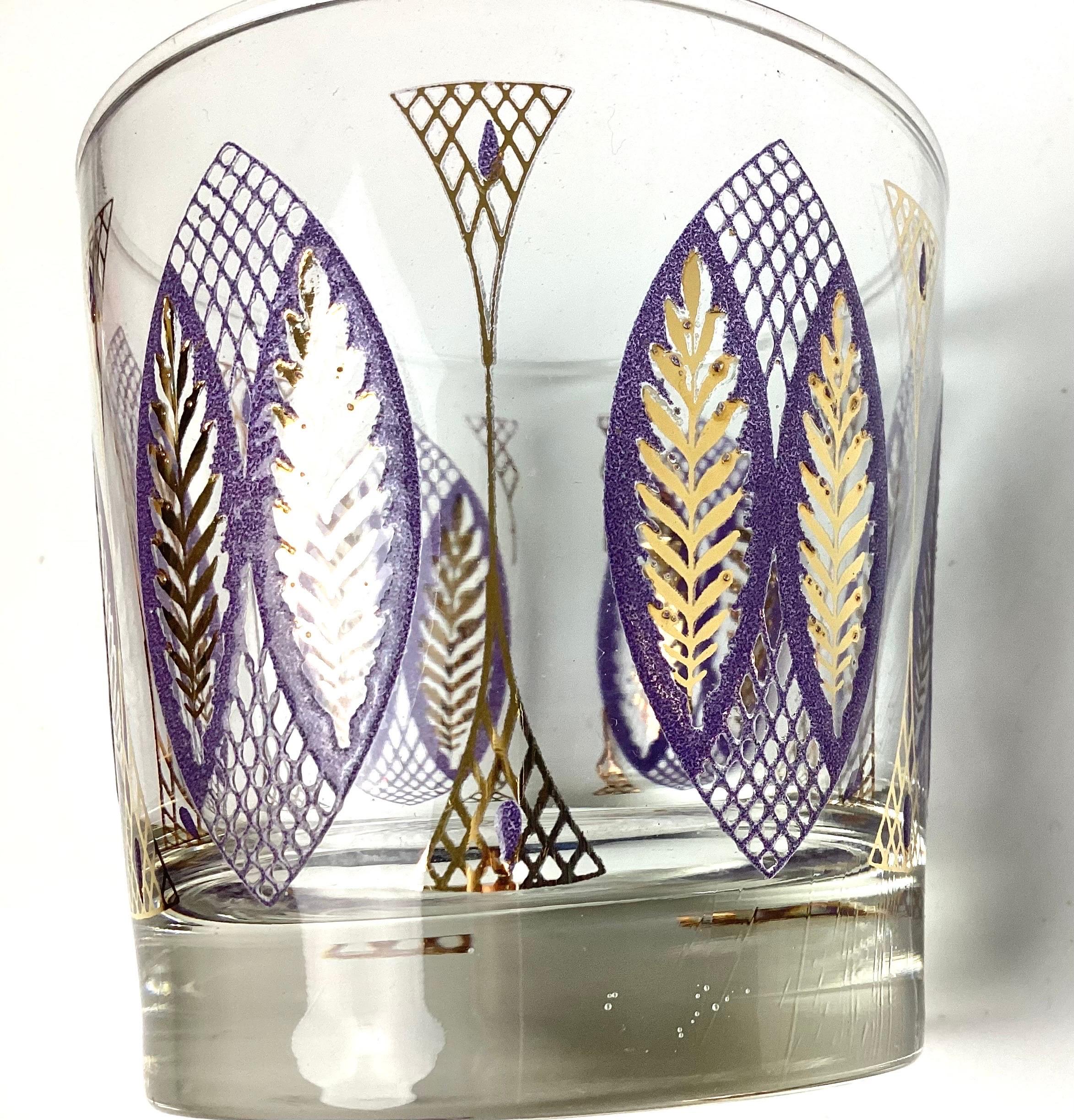 20th Century Mid-Century Set of 6 Rock Glasses Purple and Gold by Libbey Glass Co For Sale