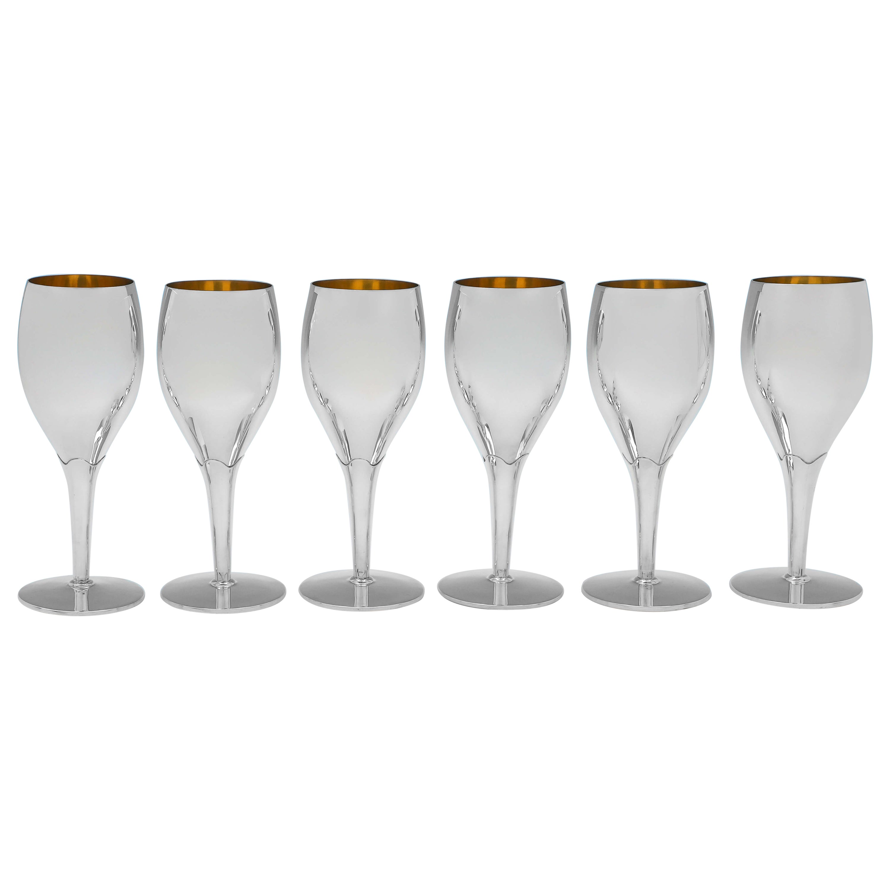 Mid Century Set of 6 Sterling Silver Wine Goblets, S. J. Rose 1974
