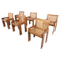 Mid-Century Set of 6 Wooden Chairs, Oak and Cane, 1970s, Italy
