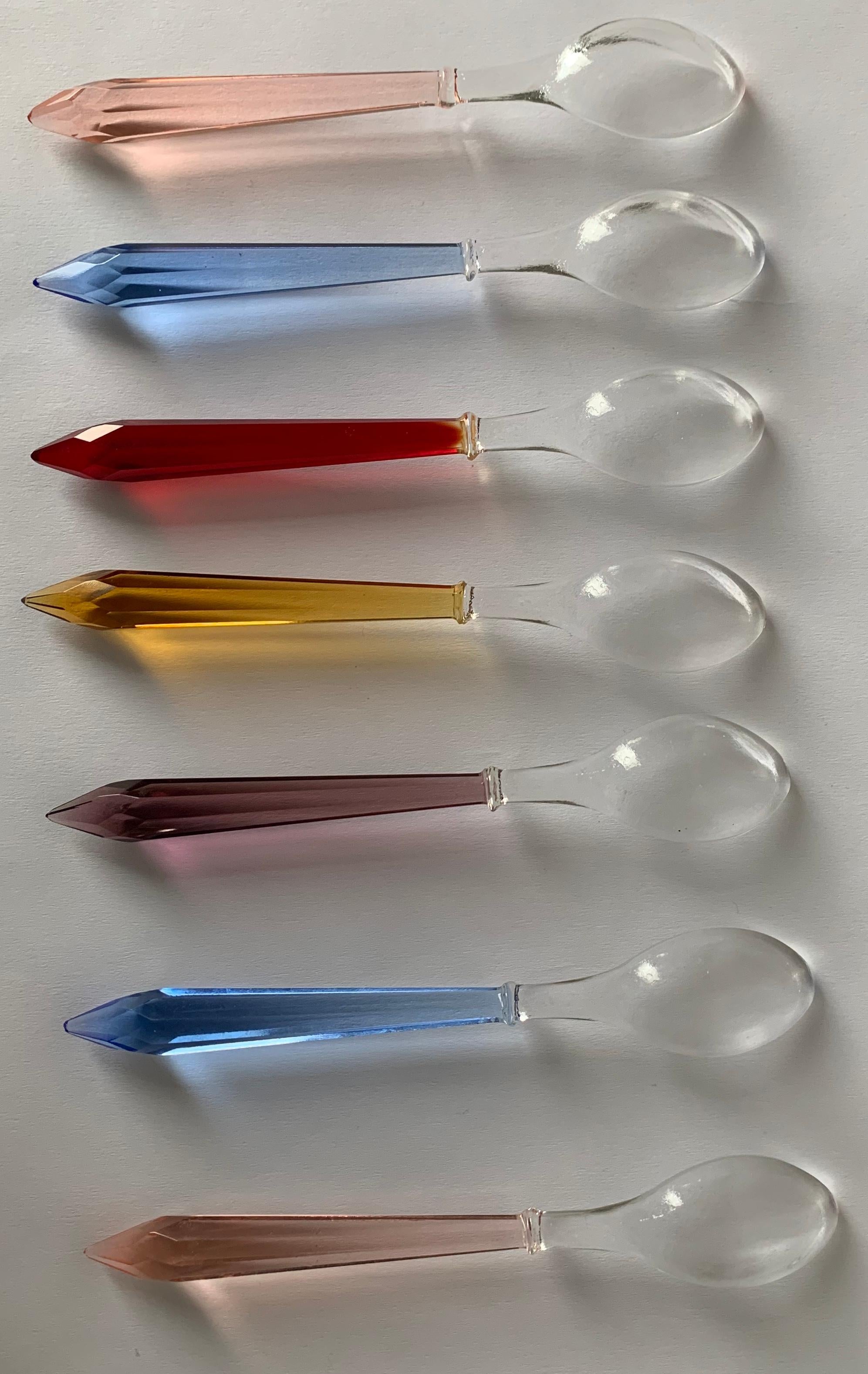 Mid-Century Modern Midcentury Set of 7 Colored Cut Glass Prism Small Spoons 