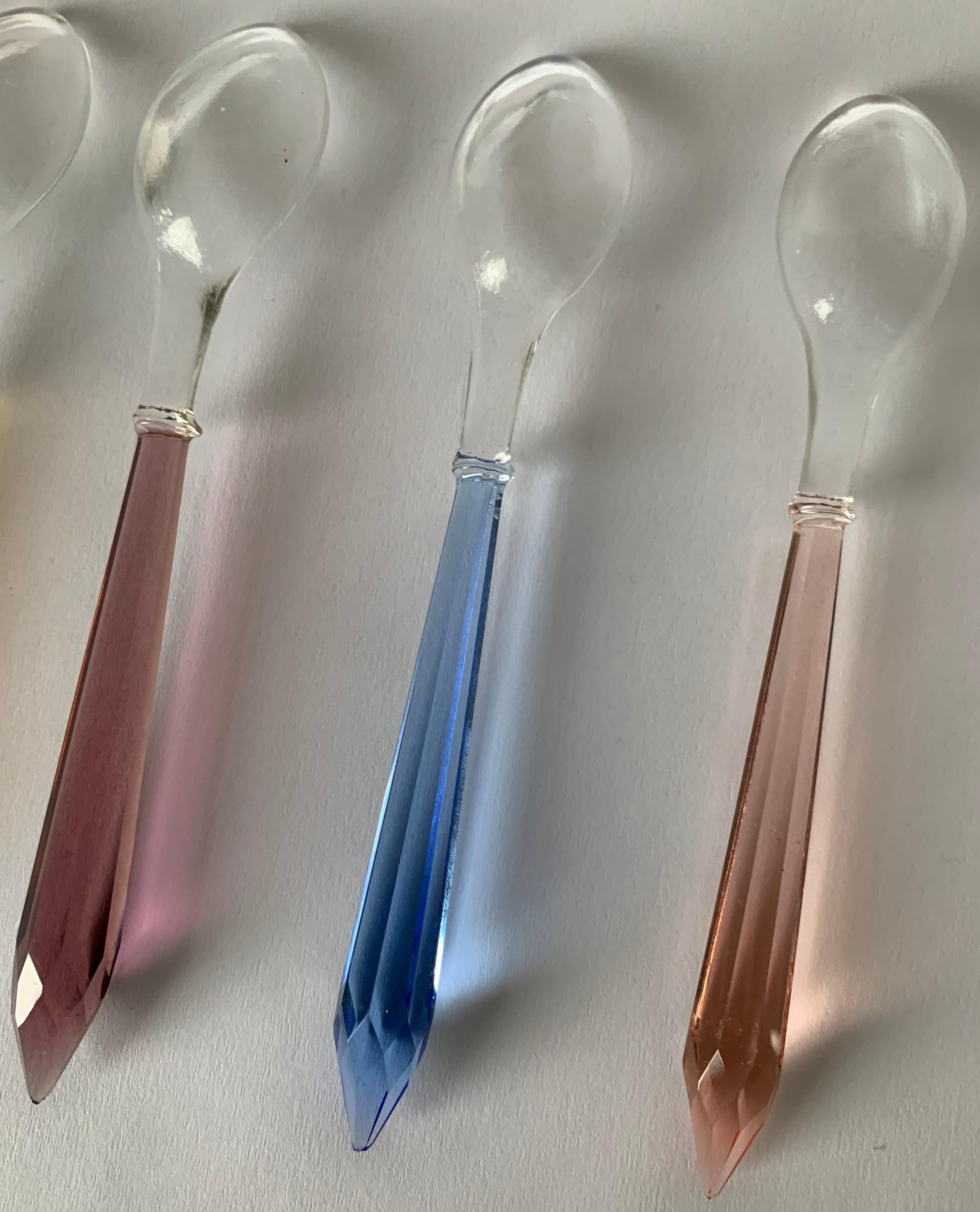 Midcentury Set of 7 Colored Cut Glass Prism Small Spoons  In Good Condition In Stamford, CT