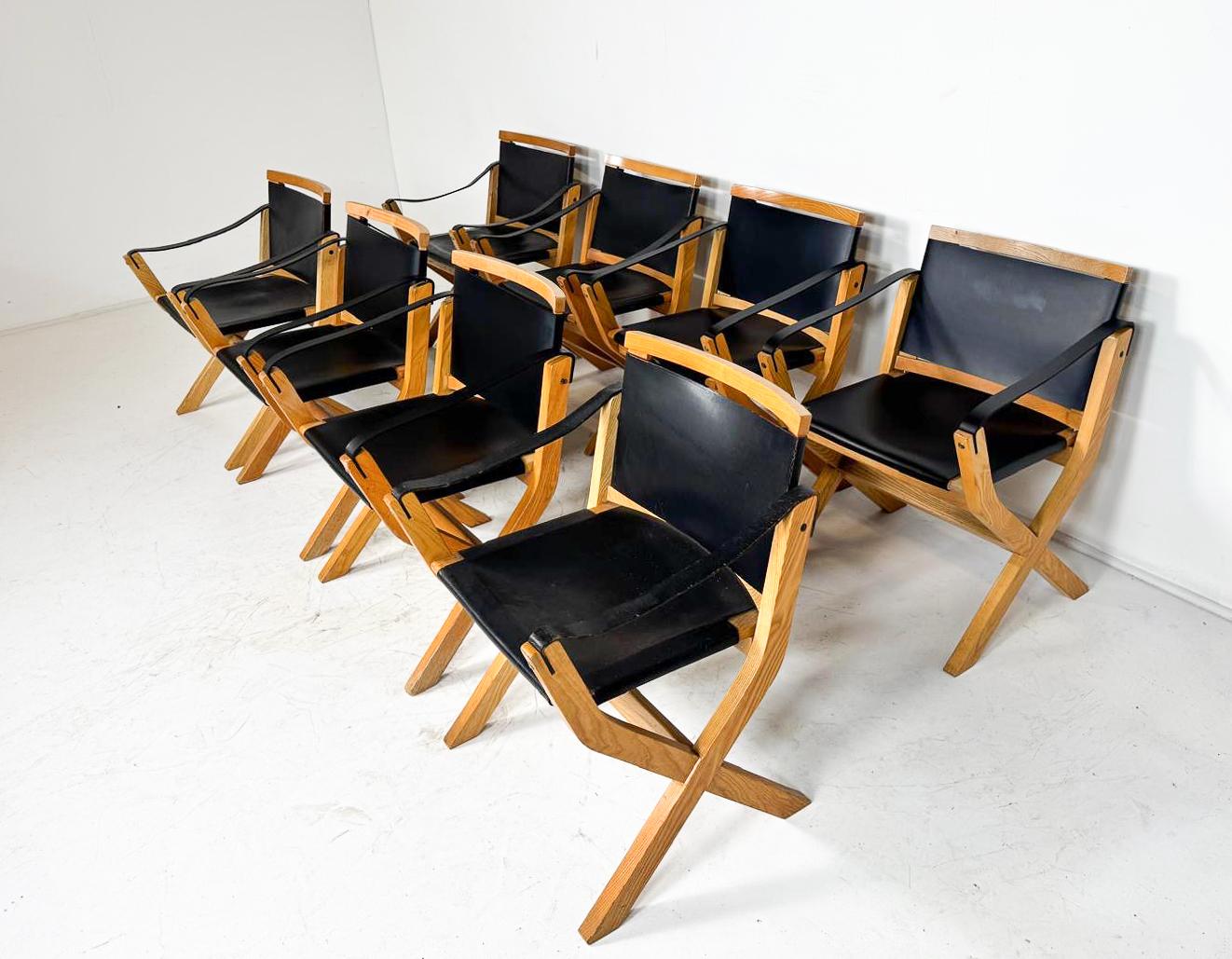 Juego de 8 Sillones Kiu de mediados de siglo de luxoritalia, madera de fresno y cuero en venta 1