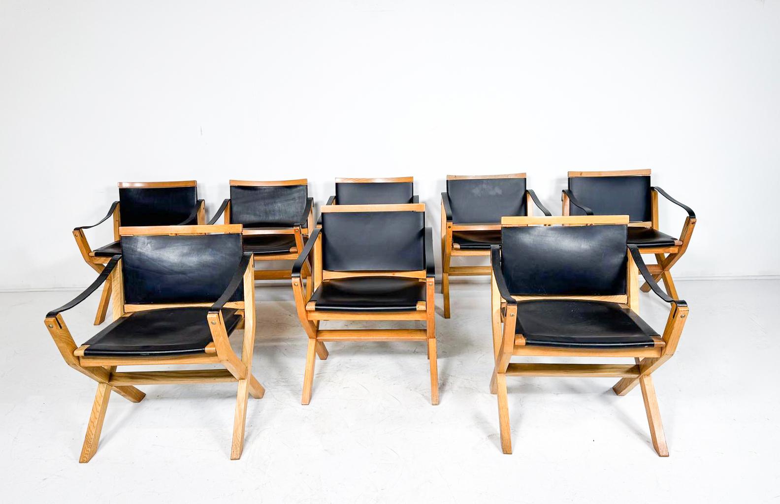 Juego de 8 Sillones Kiu de mediados de siglo de luxoritalia, madera de fresno y cuero en venta 2