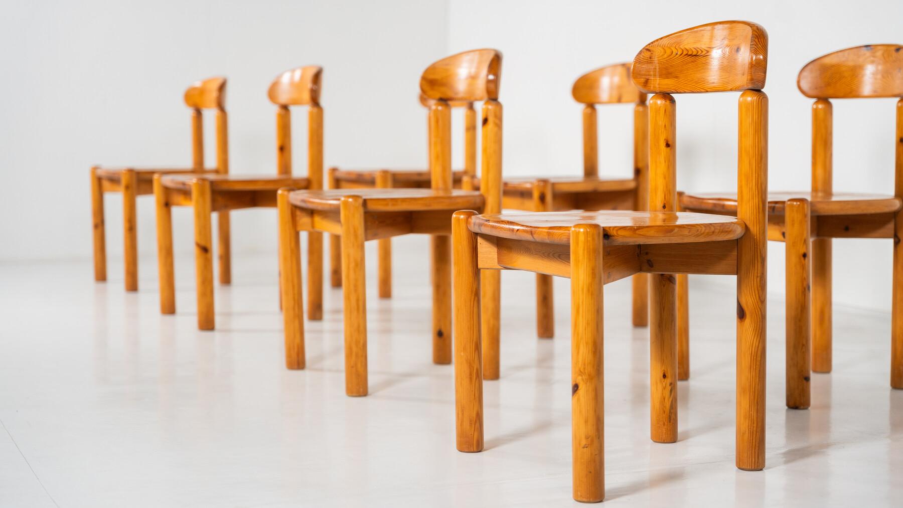 Wood Mid-Century Set of 8 Pitchpin Chairs by Rainer Daumiller, 1970s For Sale