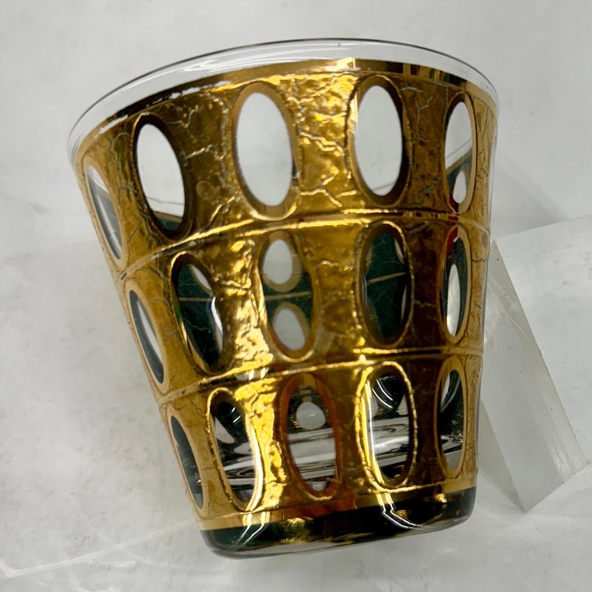 Mid-Century Set of 9 Culver Pisa Gold Green Glasses For Sale 1