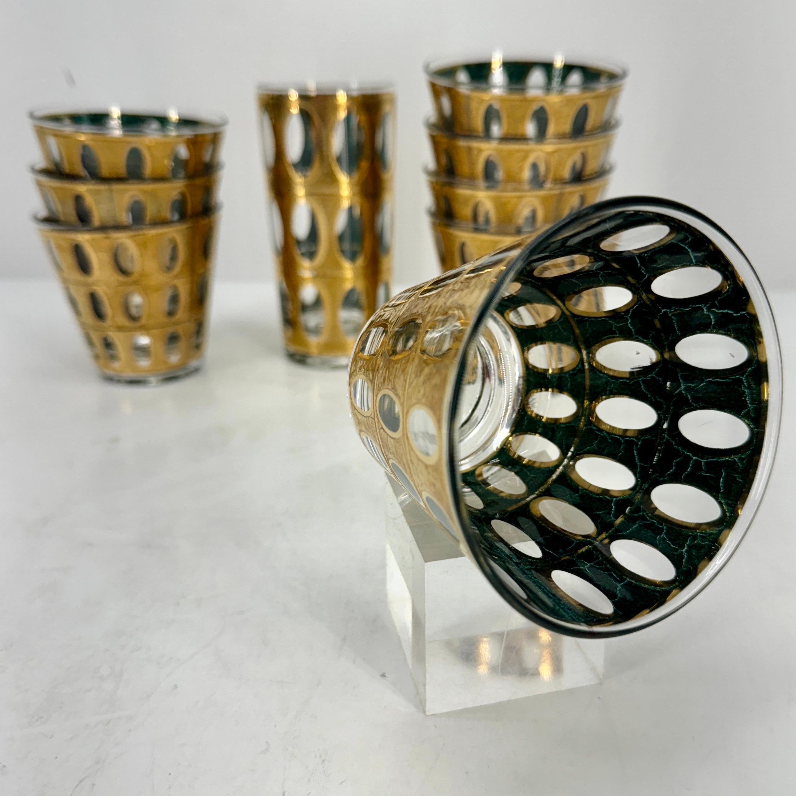 Mid-Century Set of 9 Culver Pisa Gold Green Glasses en vente 3