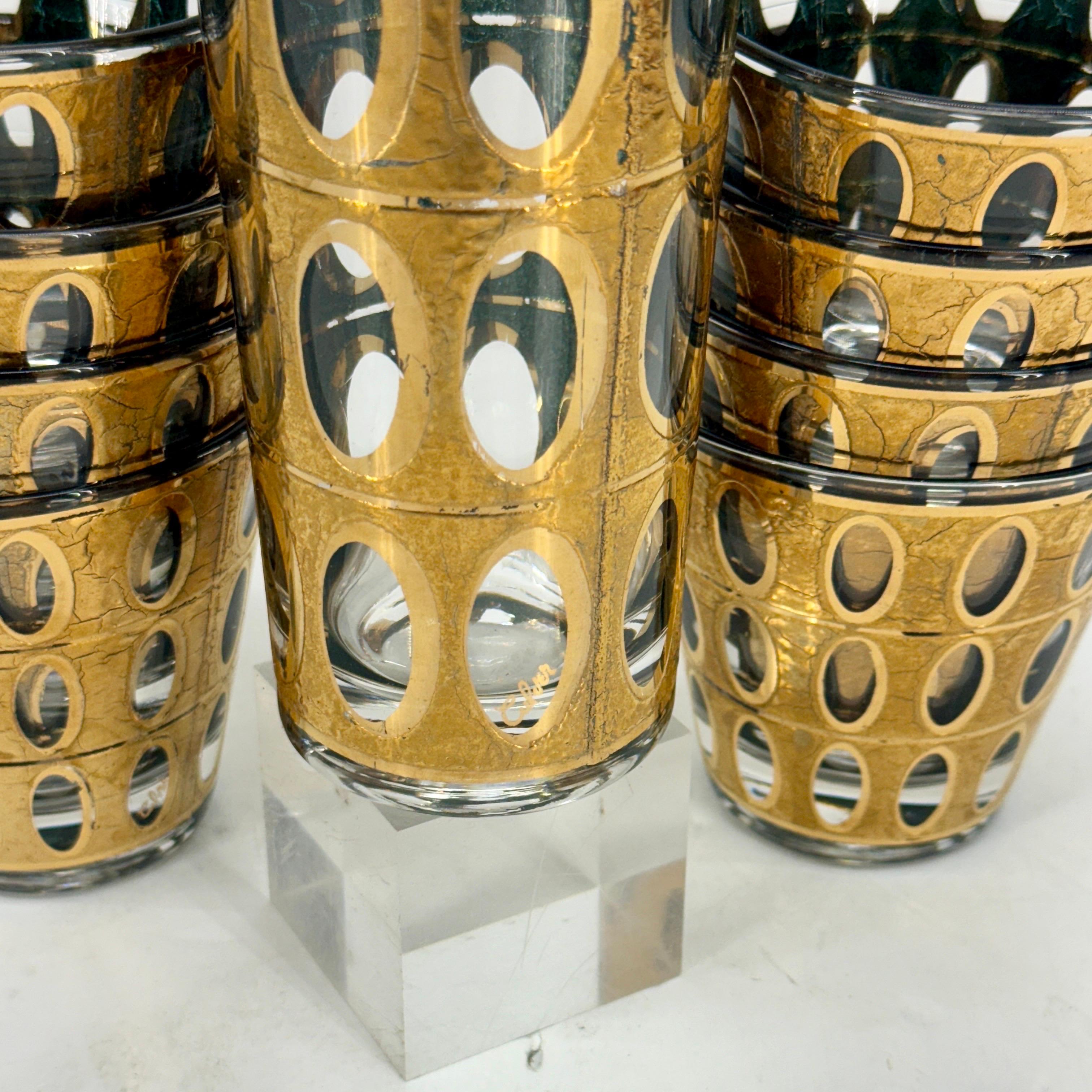 Mid-Century Set of 9 Culver Pisa Gold Green Glasses en vente 5