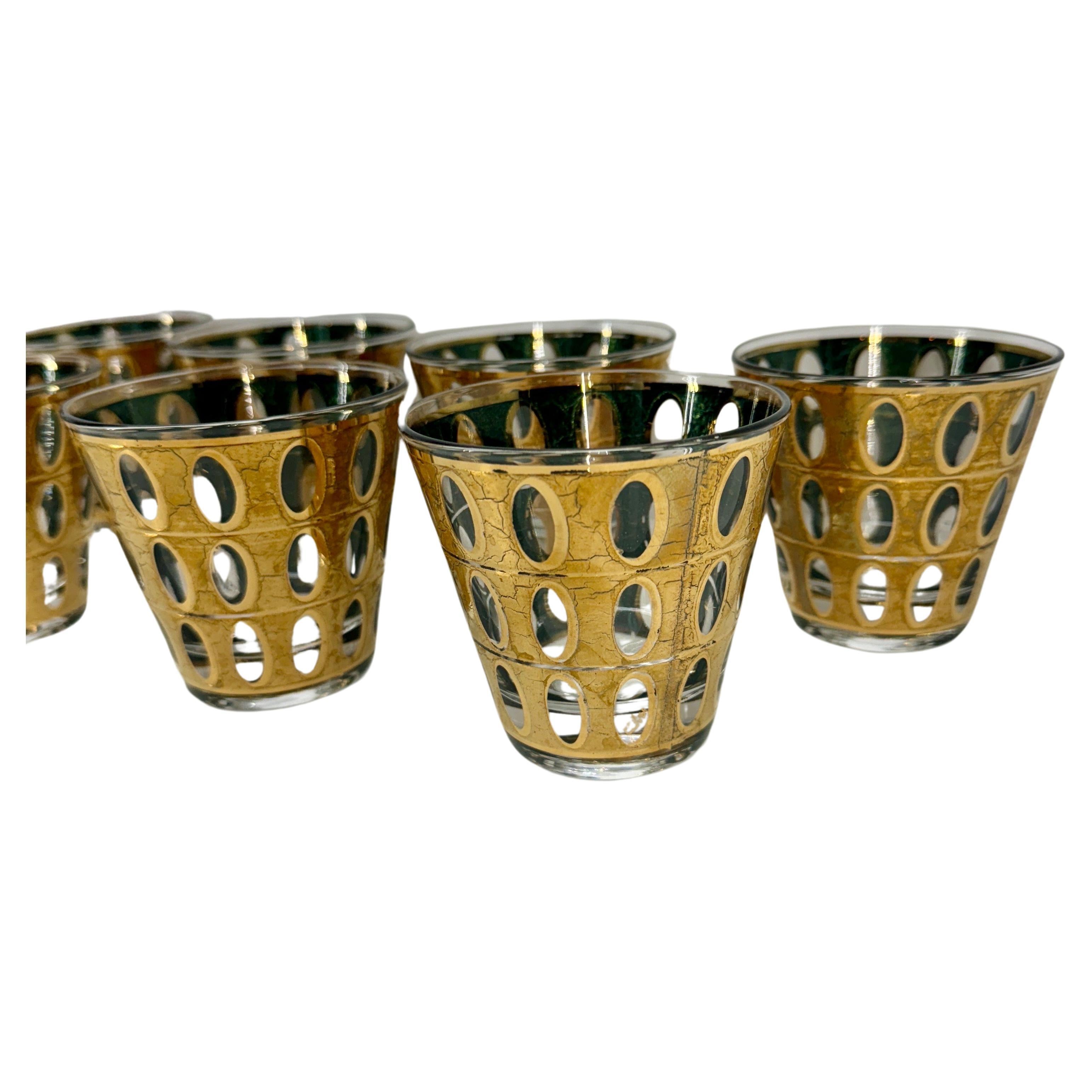 American Mid-Century Set of 9 Culver Pisa Gold Green Glasses For Sale