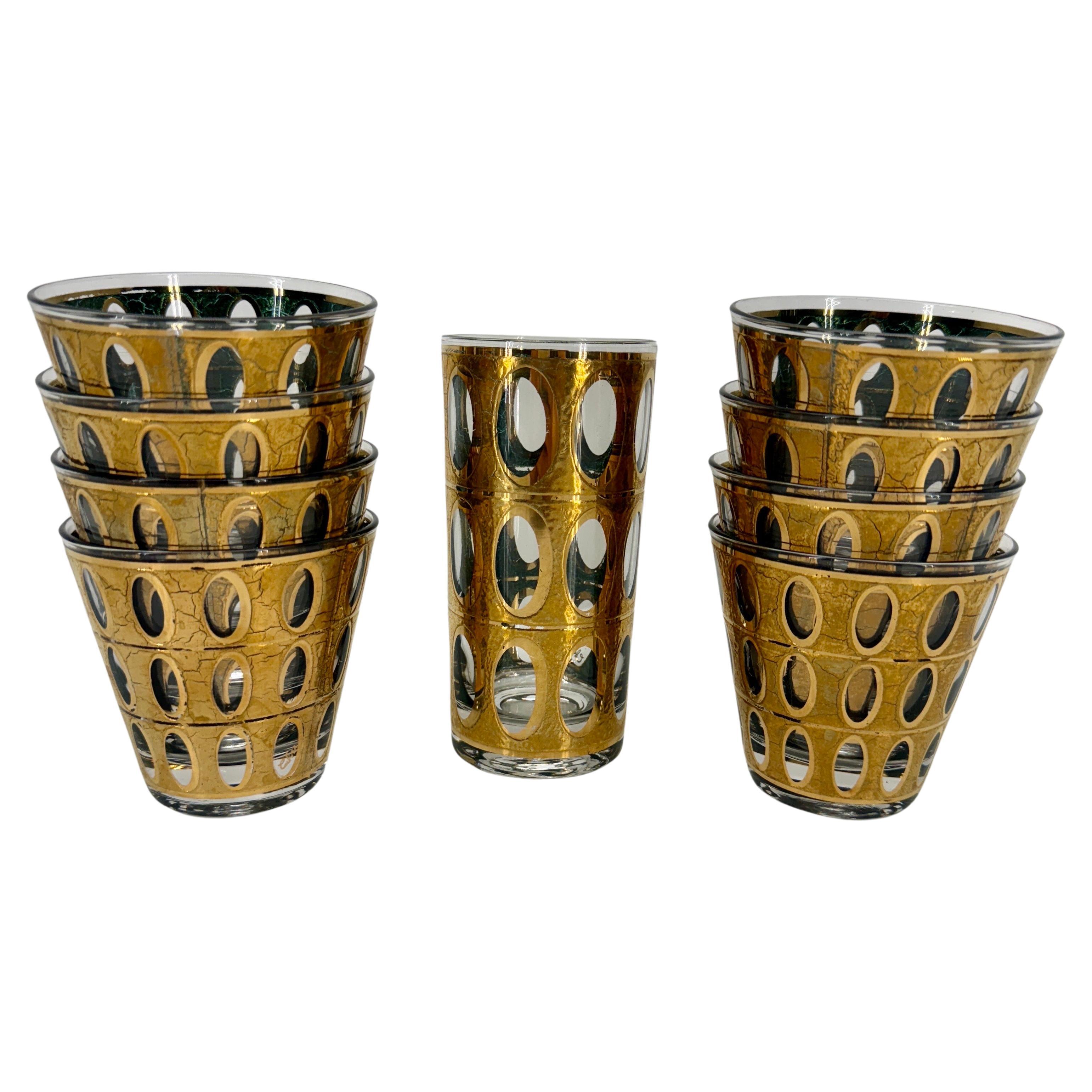 Mid-Century Set of 9 Culver Pisa Gold Green Glasses For Sale 1