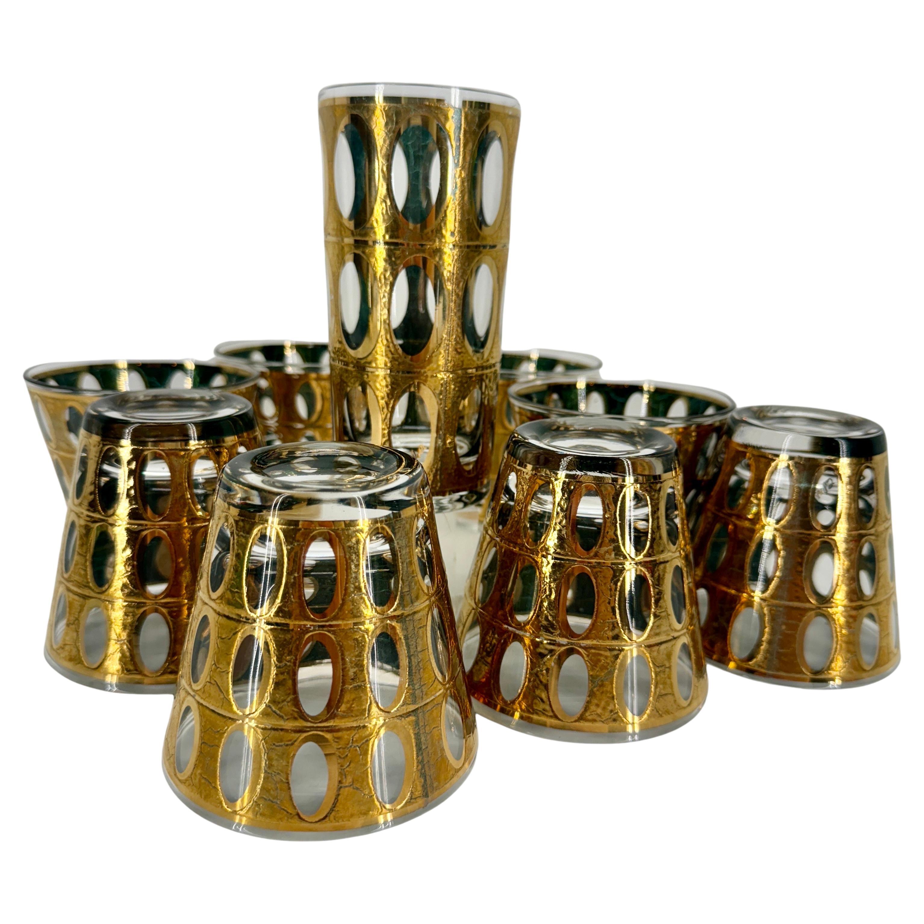 Mid-Century Set of 9 Culver Pisa Gold Green Glasses For Sale