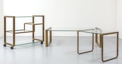 Mid- Century Set of Brass and Crystal Trolley and 2 Tables, Gallotti & Radice