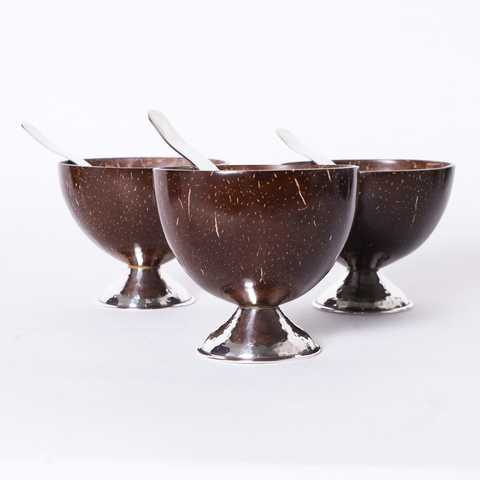 20th Century Mid-Century Set of Eight Serving Pieces of Sterling and Coconut For Sale
