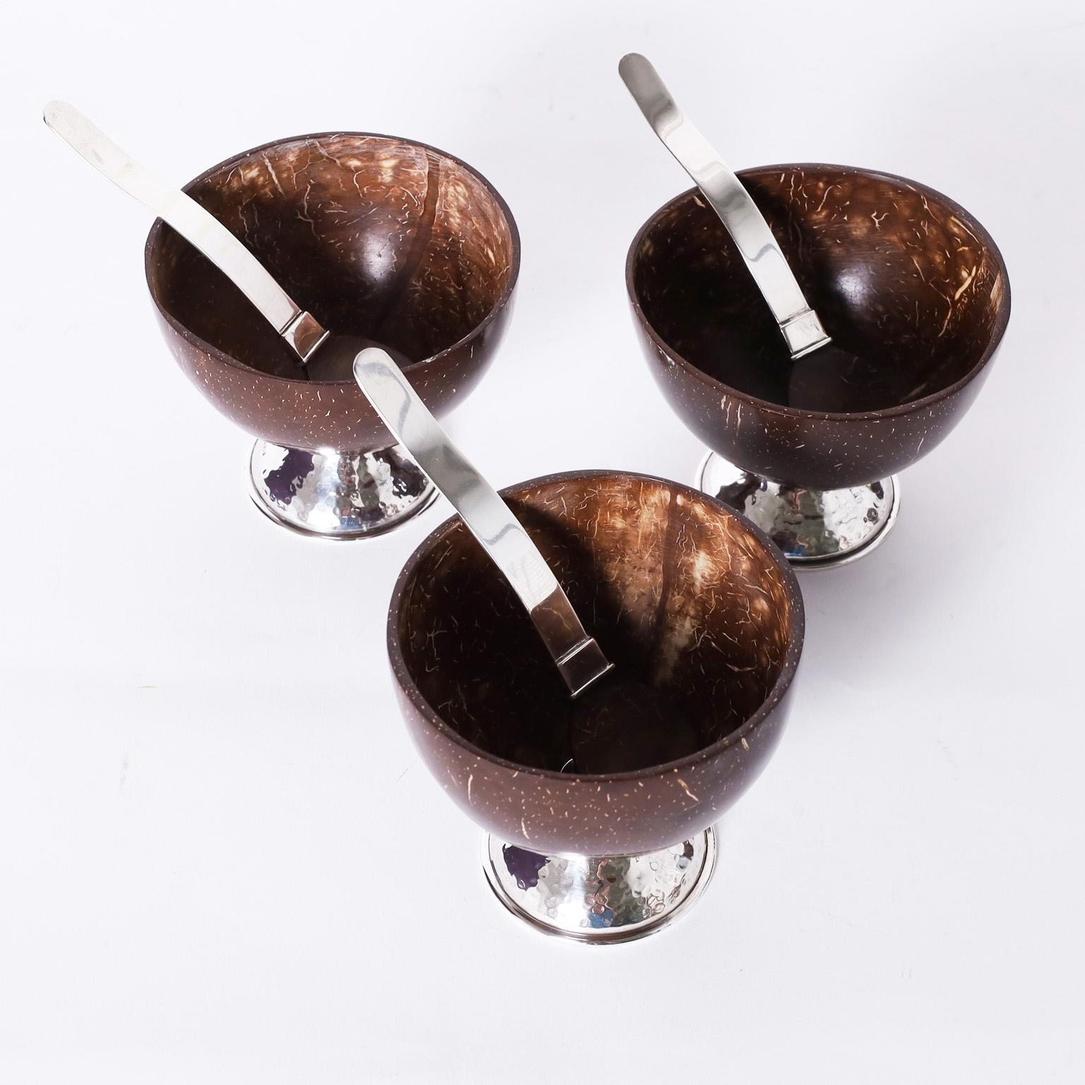Sterling Silver Mid-Century Set of Eight Serving Pieces of Sterling and Coconut For Sale