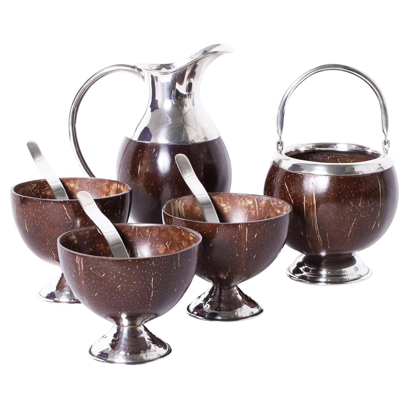 Mid-Century Set of Eight Serving Pieces of Sterling and Coconut For Sale