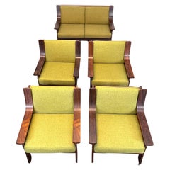 Mid-Century Set of Four Armchairs and a Sofa in Wood and Green Fabric, Italy 60s
