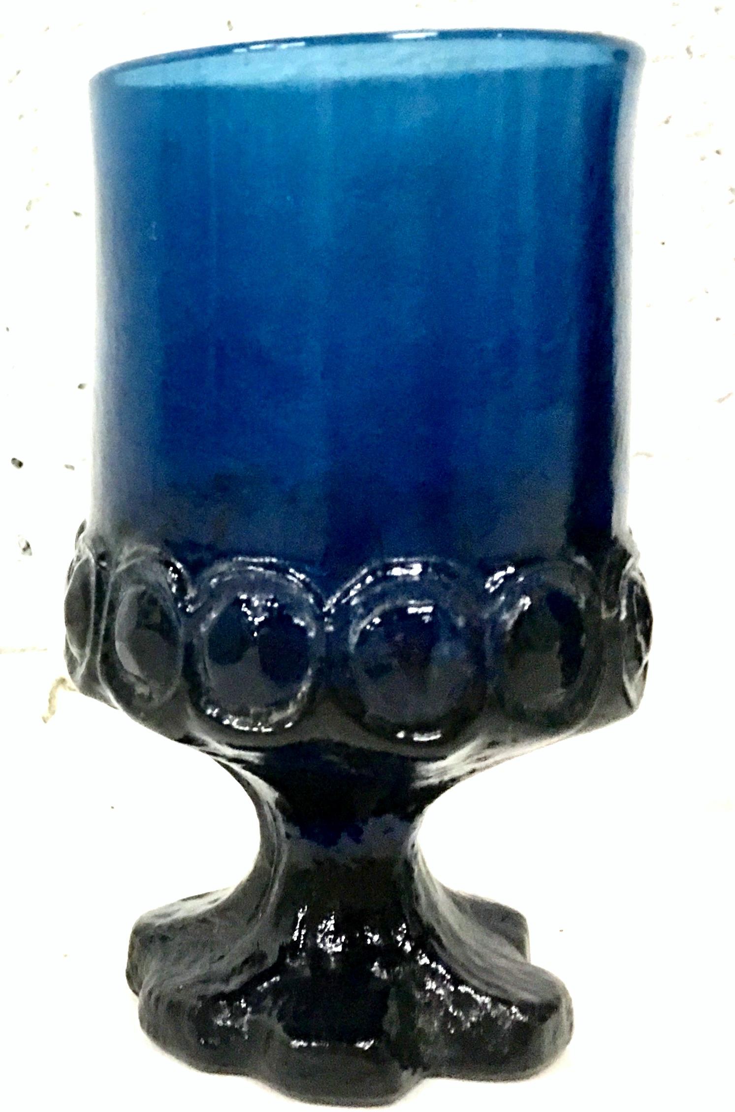American Midcentury Set of Four Glass Stem Cobalt Thumbprint Drink Glasses