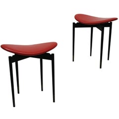 Mid Modern Set of Four Lutrario Stools by Carlo Mollino, Red Leather, Italy 1959