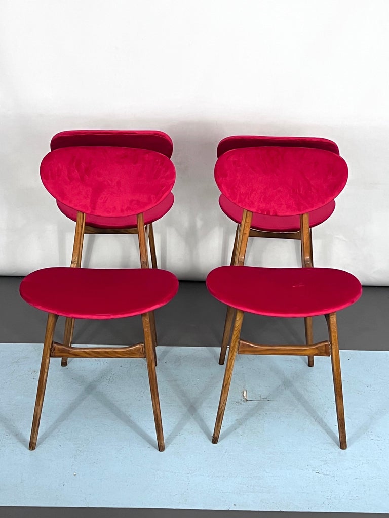 MidCentury Set of Four Red Velvet and Wood Dining Chairs, Italy, 1950s