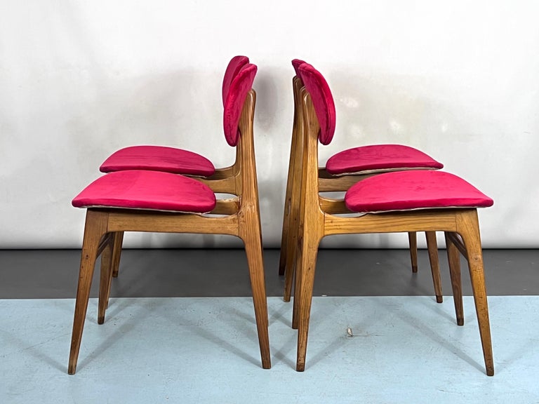 MidCentury Set of Four Red Velvet and Wood Dining Chairs, Italy, 1950s
