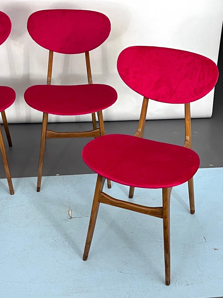 MidCentury Set of Four Red Velvet and Wood Dining Chairs, Italy, 1950s