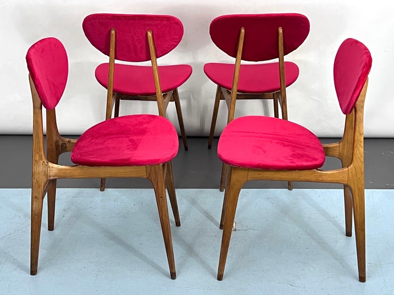 MidCentury Set of Four Red Velvet and Wood Dining Chairs, Italy, 1950s