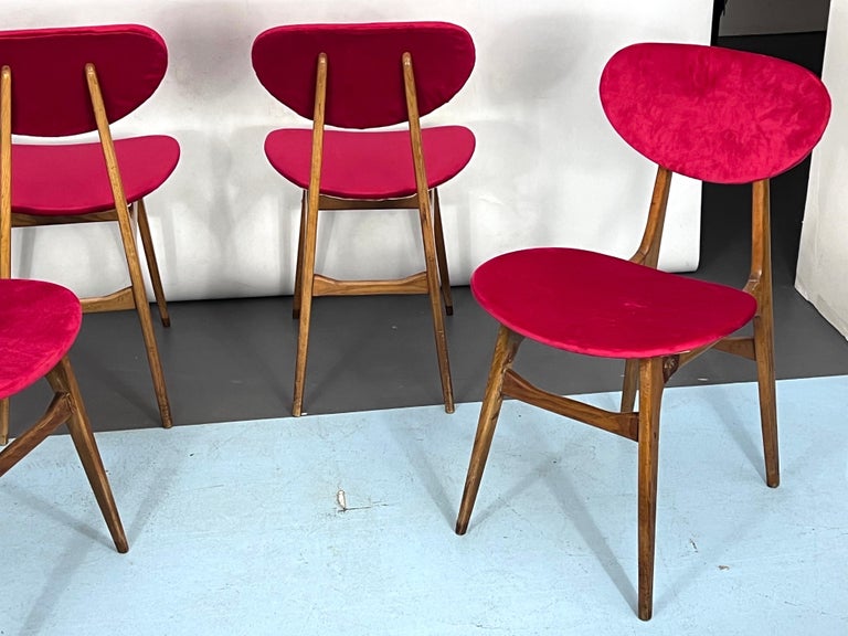 MidCentury Set of Four Red Velvet and Wood Dining Chairs, Italy, 1950s