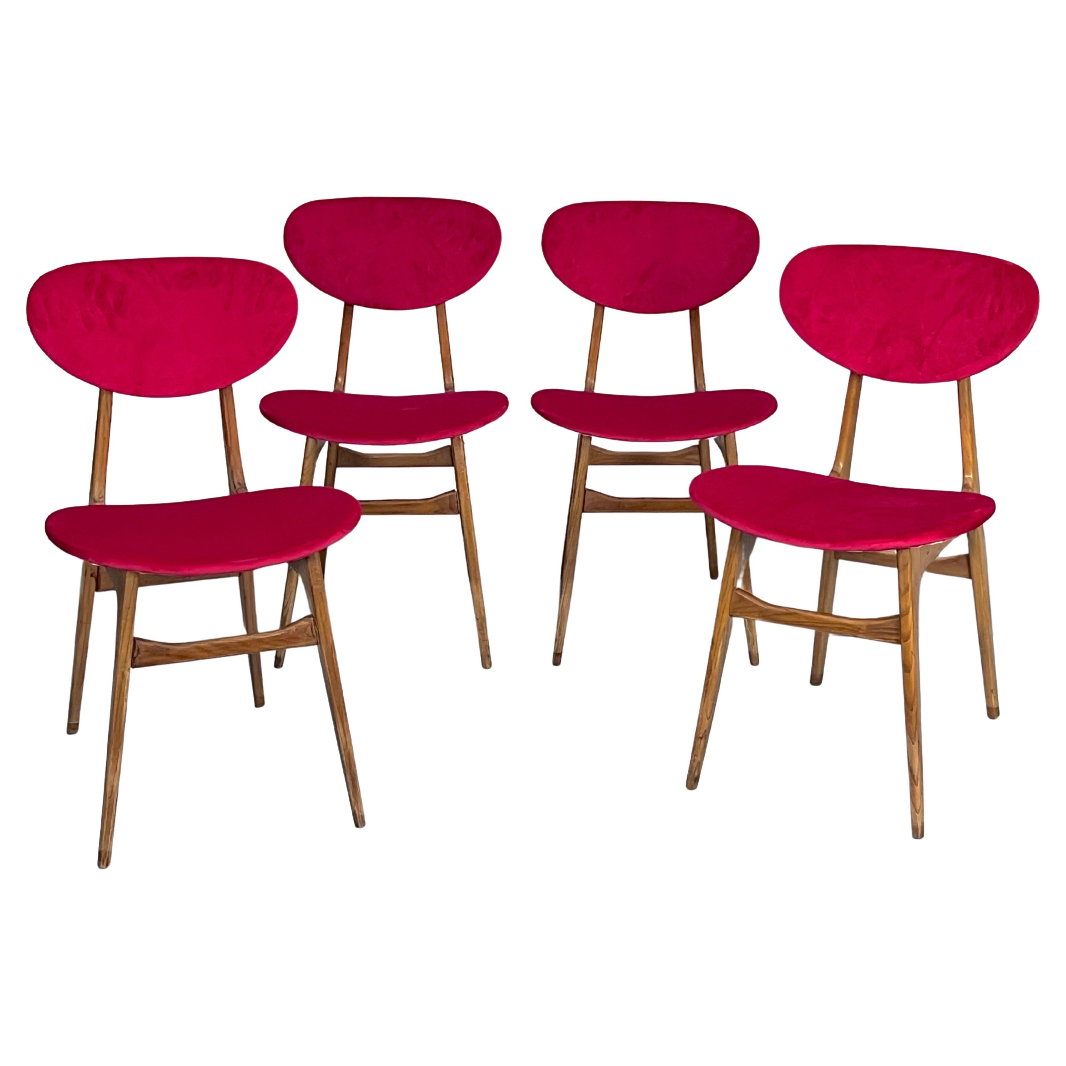 Mid-Century Set of Four Red Velvet and Wood Dining Chairs, Italy, 1950s