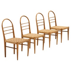 Mid-Century Set of Four Sculptural Dining Chairs in Cherry Wood with Rush Seats