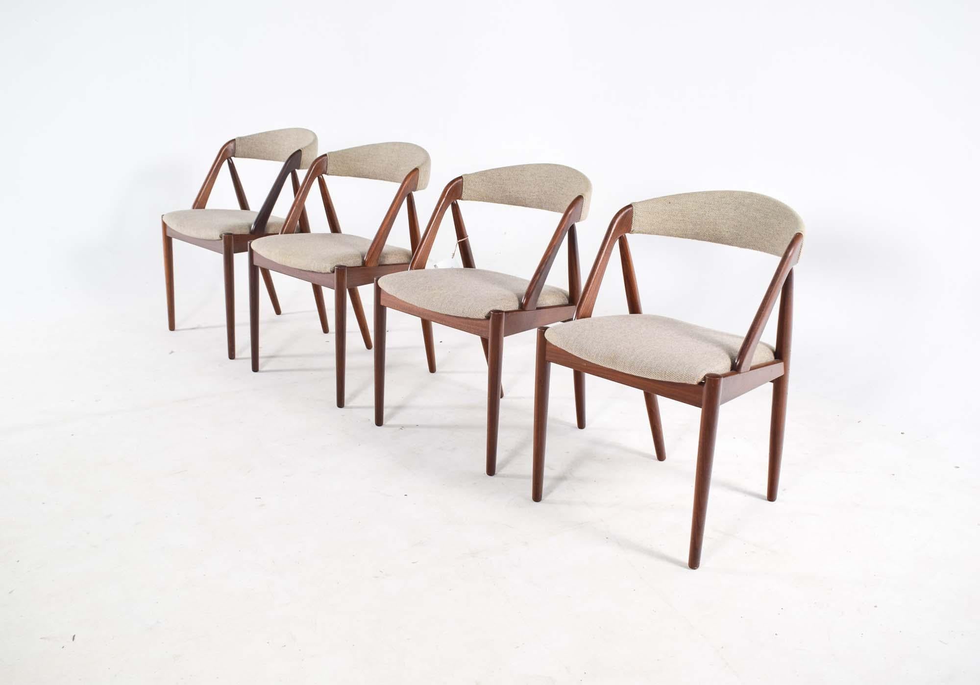 Danish Mid Century Set of Four Teak and Fabric Dining Chairs by Kai Kristiansen For Sale