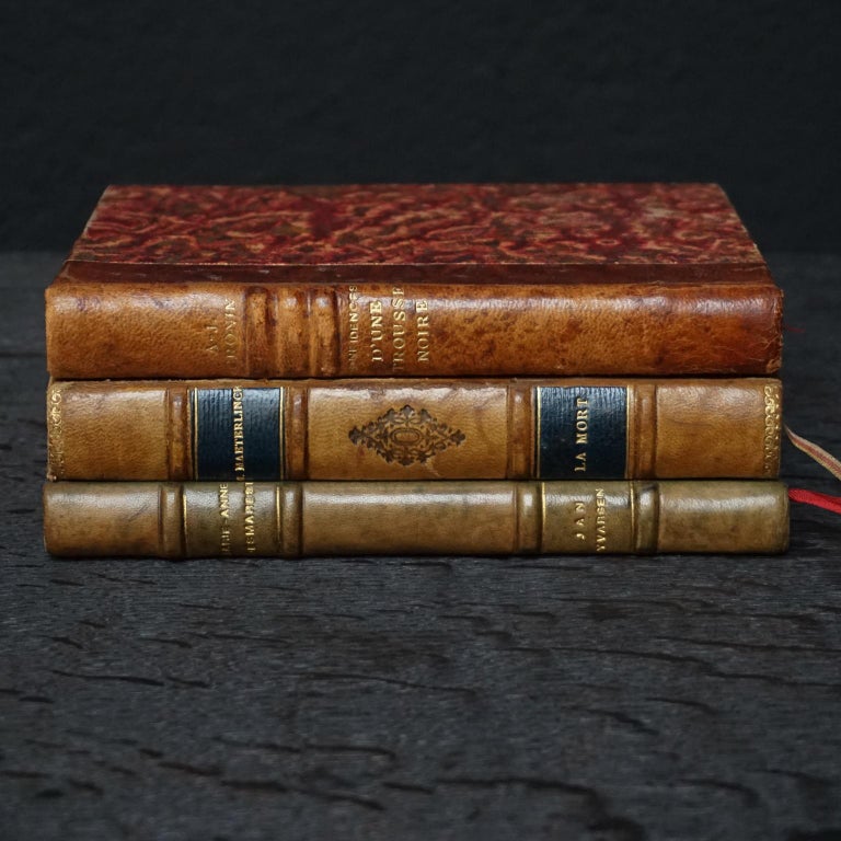 Very decorative stack of three little antique and vintage French 'Book-boxes' leather back binding and marbled paper, with secret hiding compartment inside.
For safe hiding of something in plain sight.

La mort, by M.Maeterlinck, 1911
Jan