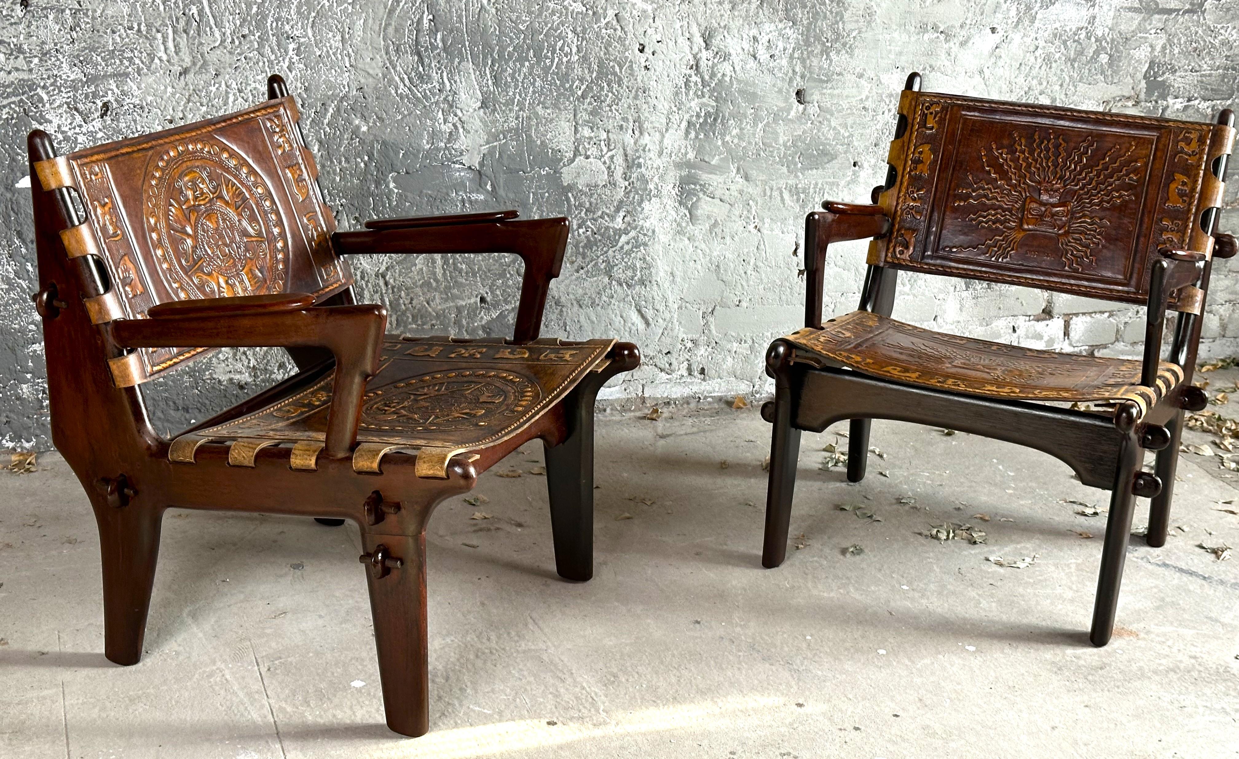 Ensemble brutaliste de fauteuil et tabouret de canapé en cuir mi-siècle par Angel Pazmino en vente 9