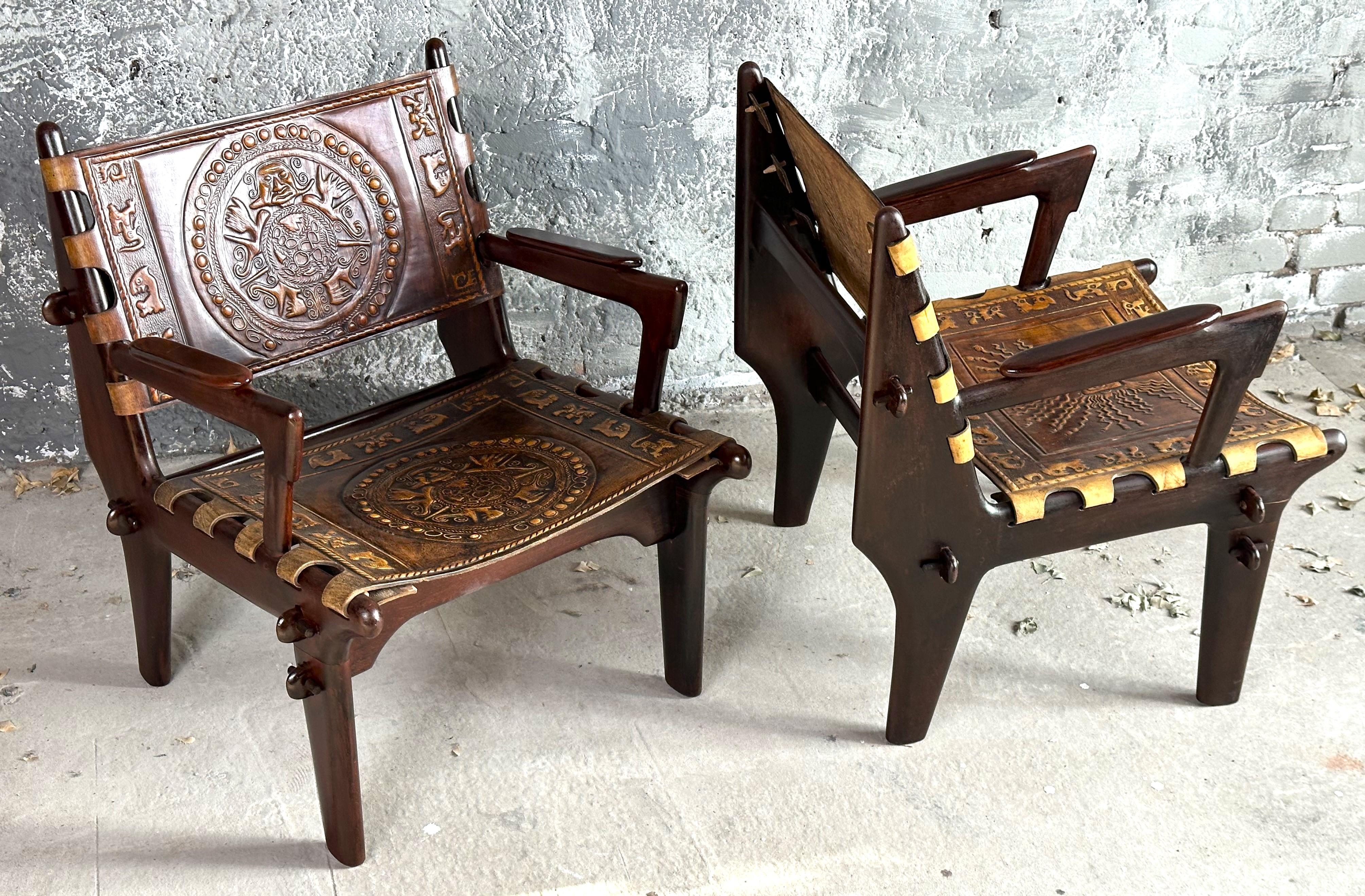 Ensemble brutaliste de fauteuil et tabouret de canapé en cuir mi-siècle par Angel Pazmino en vente 10