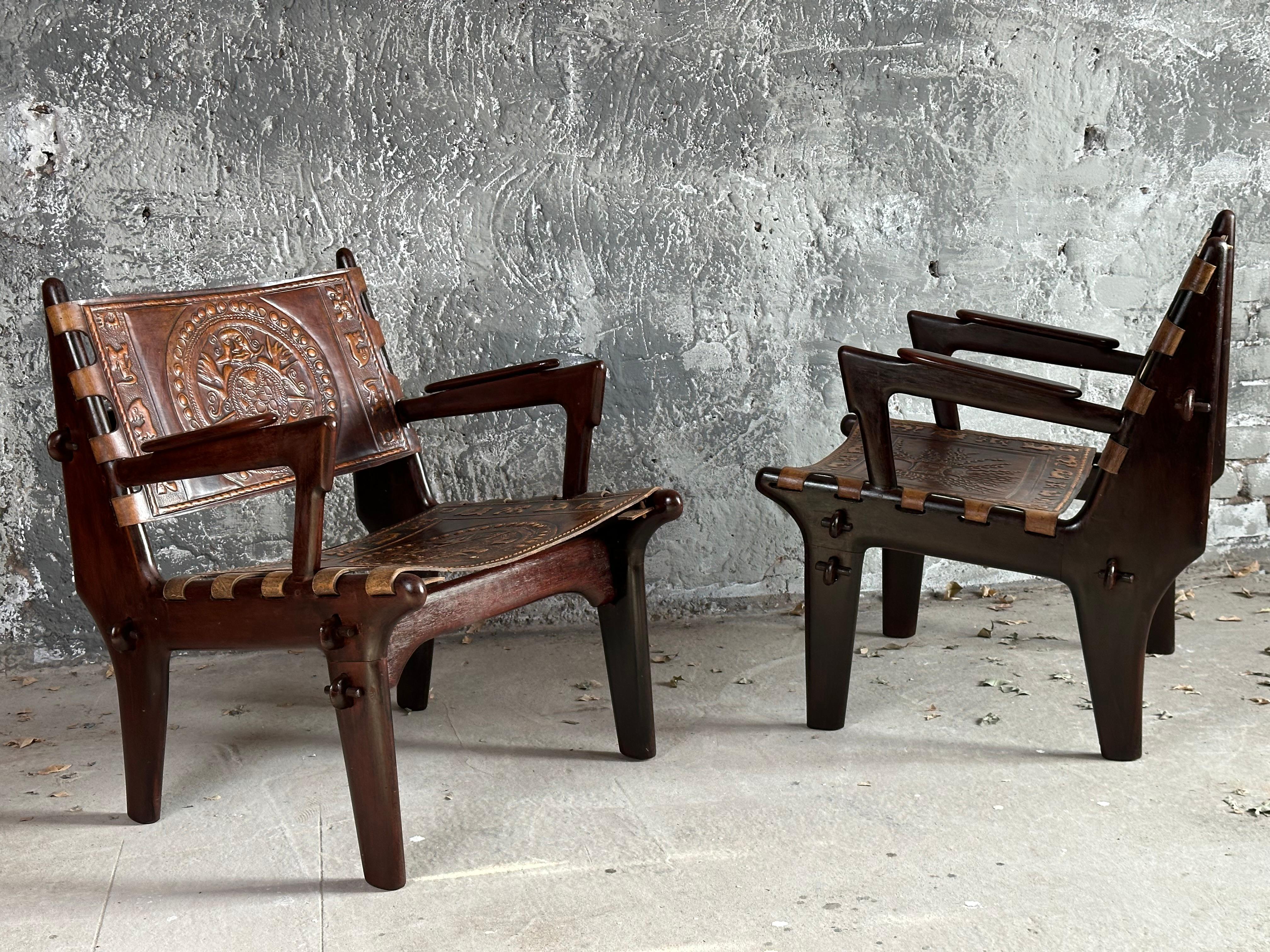 Ensemble brutaliste de fauteuil et tabouret de canapé en cuir mi-siècle par Angel Pazmino en vente 11