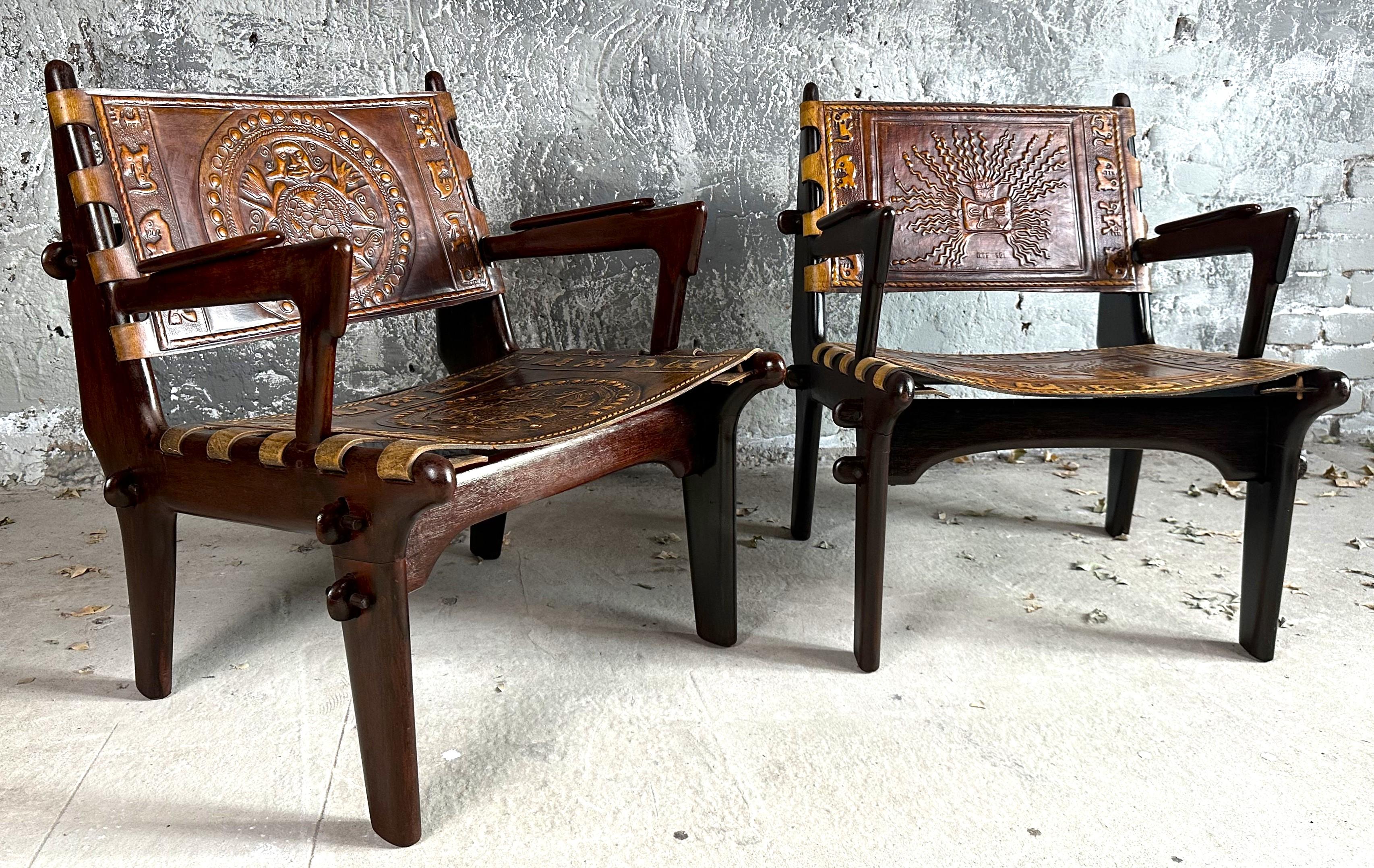 Ensemble brutaliste de fauteuil et tabouret de canapé en cuir mi-siècle par Angel Pazmino en vente 12