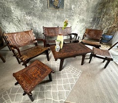 Mid-Century Set of Leather Brutalist Armchair sofa Stool Table by Angel Pazmino