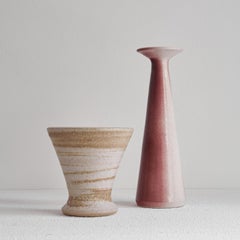 Mid Century Set of Pink Conical Vase and Beige Pottery Vase