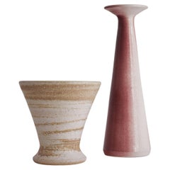 Mid Century Set of Pink Conical Vase and Beige Pottery Vase