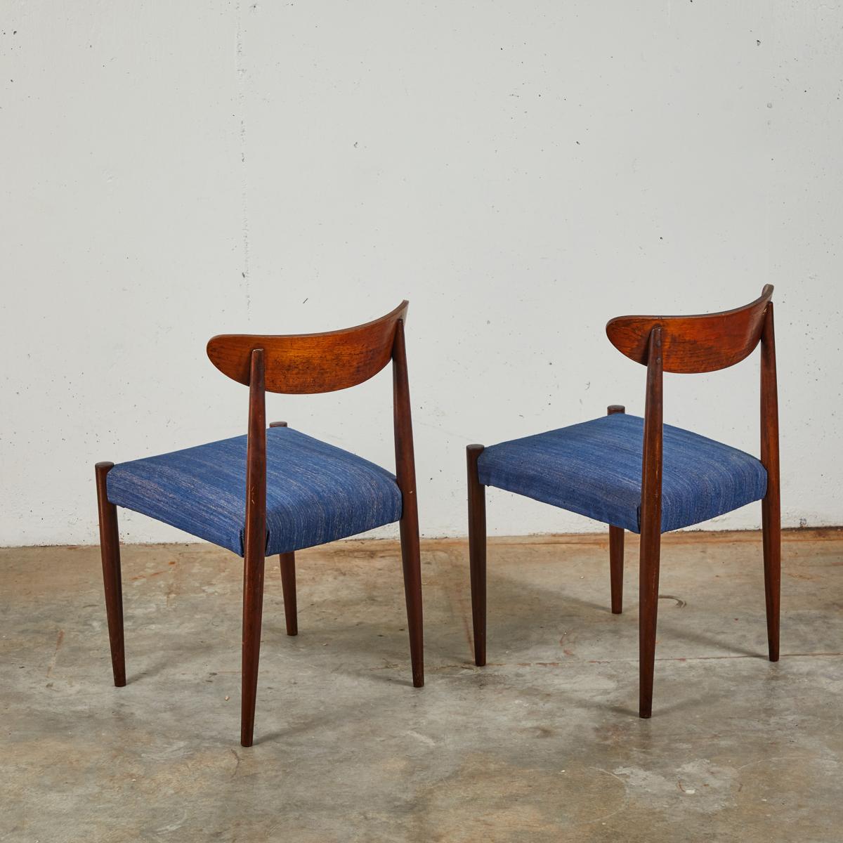 Belgian Pair of Mid Century Blue Upholstered Dining Chairs with Tapered Legs
