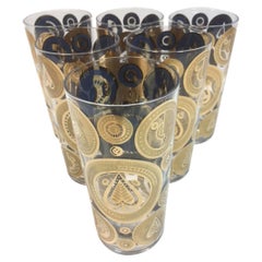 Mid-Century Set of Six Georges Briard Gold Sun and Tree Highball Glasses