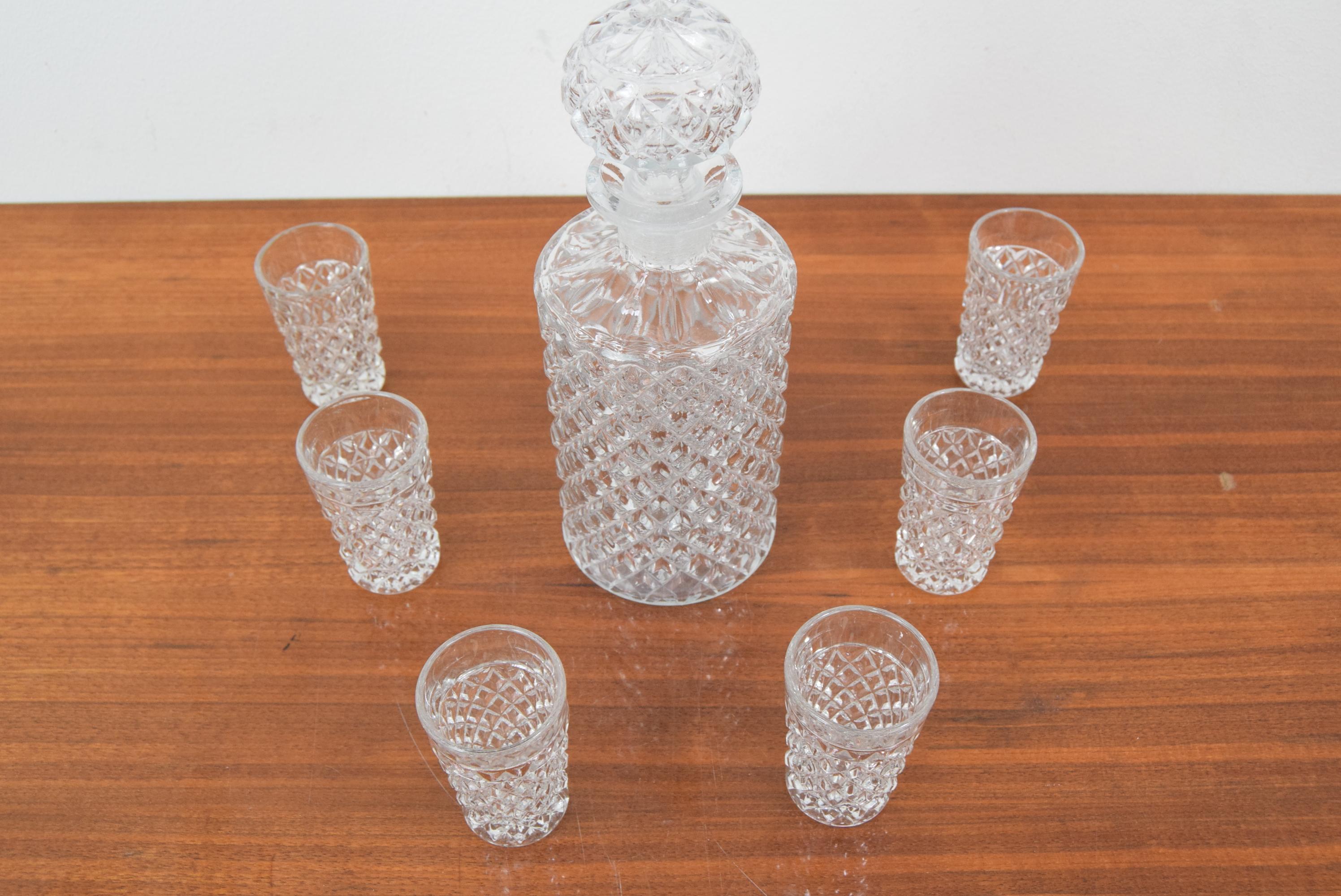 Mid-Century Modern Mid-Century Set of six Glass and Carafe, Bohemia Crystal, 1950´s For Sale