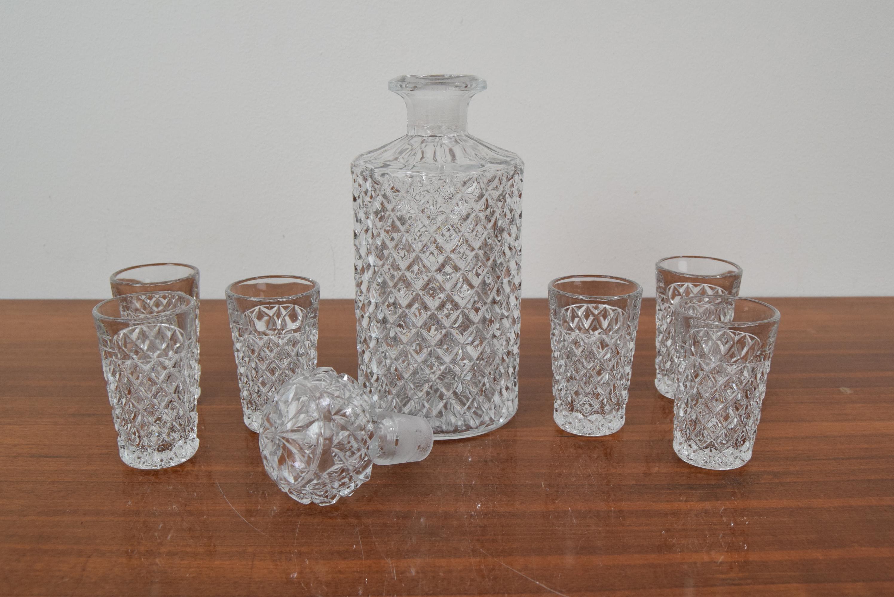 Mid-20th Century Mid-Century Set of six Glass and Carafe, Bohemia Crystal, 1950´s For Sale