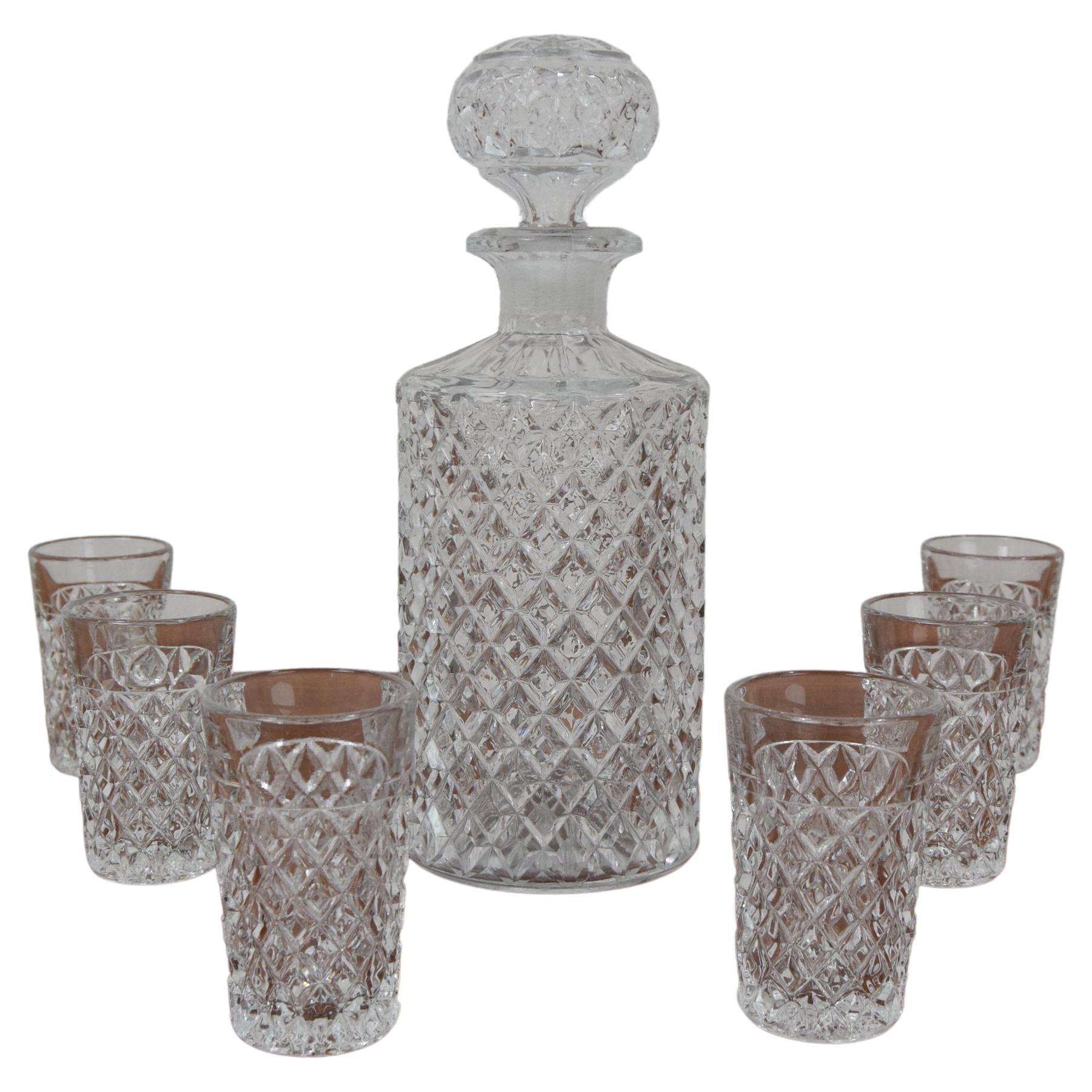 Mid-Century Set of six Glass and Carafe, Bohemia Crystal, 1950´s